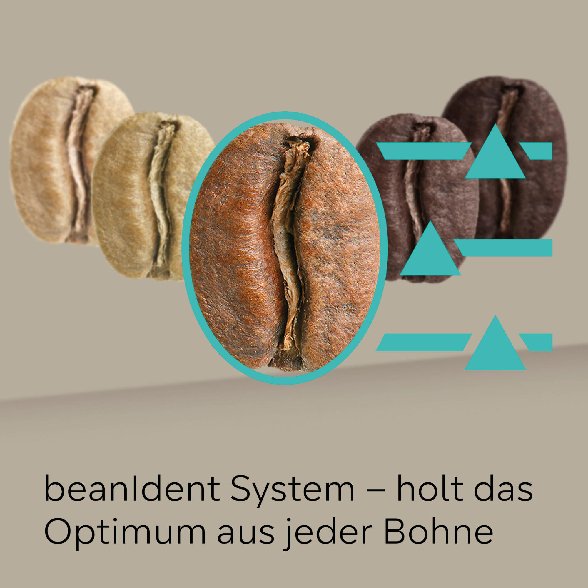 Kaffeebohnen mit unterschiedlichen Röstgraden. Eine Bohne hat einen blauen Umriss, mit grafischen Elementen. Text: beanIdent System - holt das Optimum.