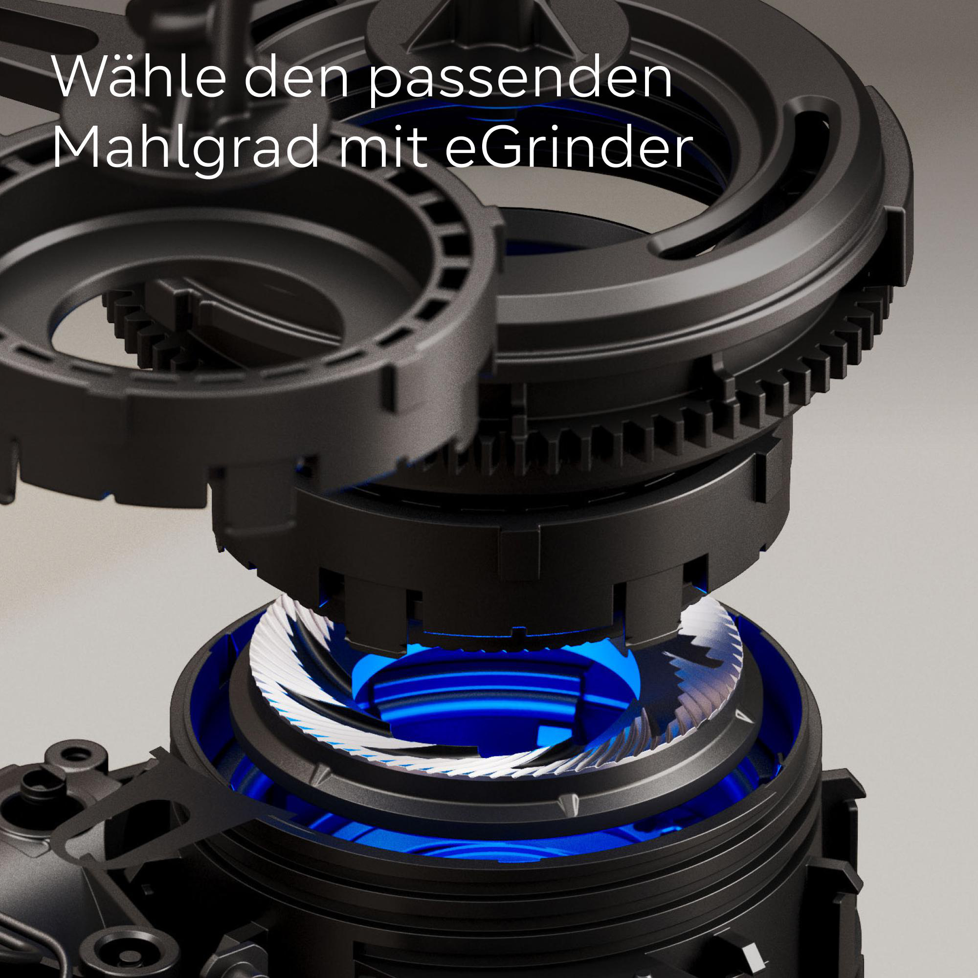 Nahaufnahme eines schwarzen und silbernen Mahlwerks mit blauem Licht. Der Text 'Wähle den passenden Mahlgrad mit eGrinder' erscheint.