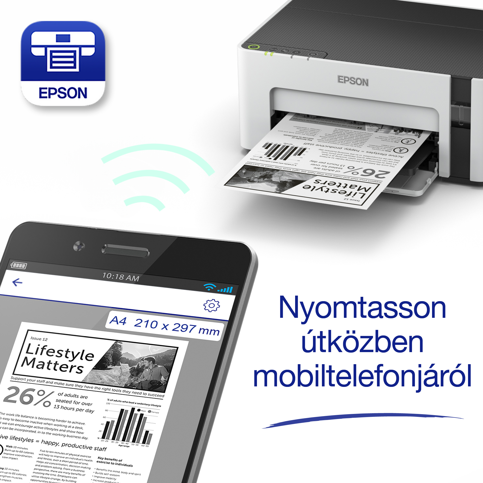 Egy Epson nyomtató dokumentumot nyomtat. Egy telefon mutatja a dokumentumot. A dokumentum címe: Lifestyle Matters.