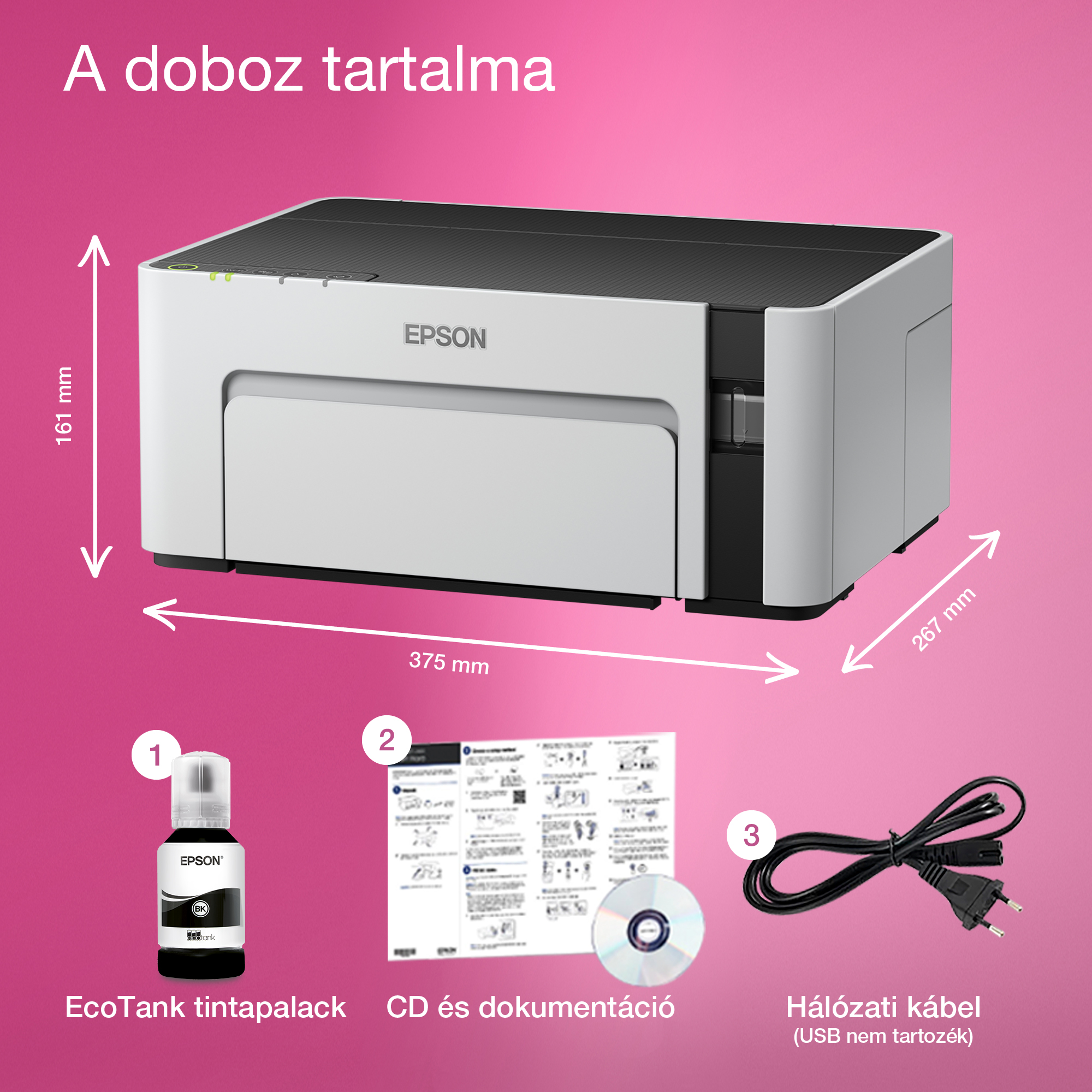 A képen egy nyomtató látható, tartozékaival: tintapalack, dokumentumok, CD és tápkábel, rózsaszín háttérrel.