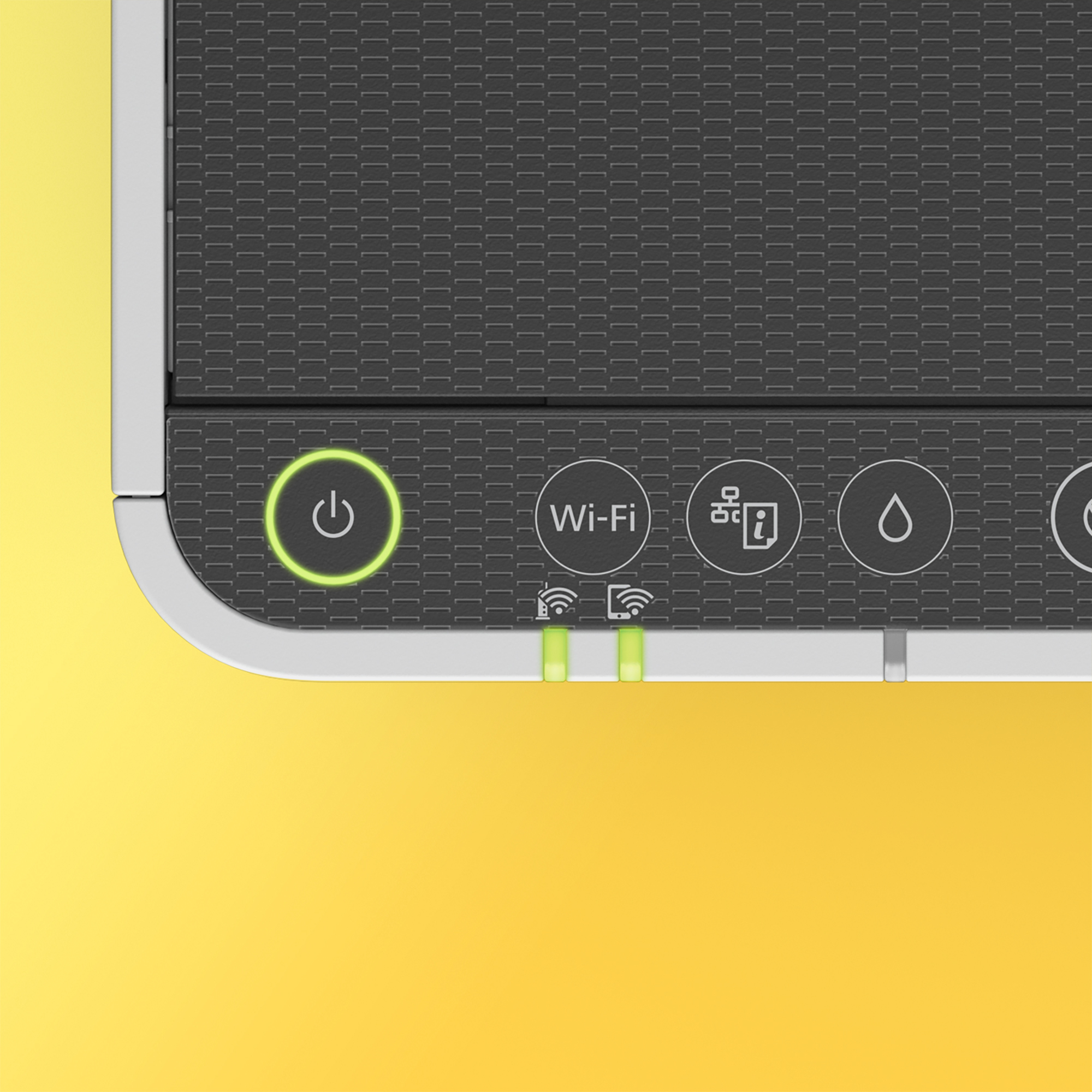 Nyomtató részlete: bekapcsológomb, Wi-Fi ikon, információs ikon, tintacsepp ikon és Wi-Fi jelzőfények, sárga háttéren.