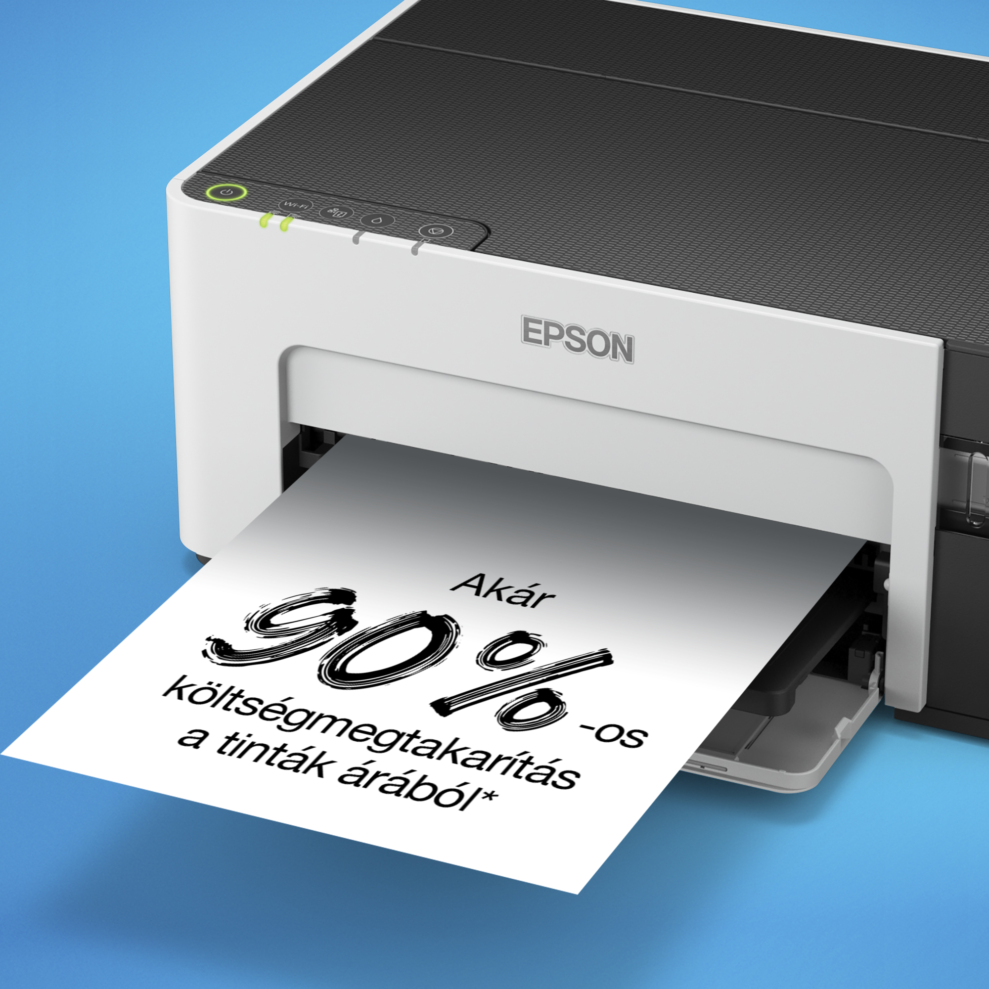 Fehér és fekete Epson nyomtató, amely egy papírra nyomtat szöveget a tinták árából 90%-os megtakarításról.
