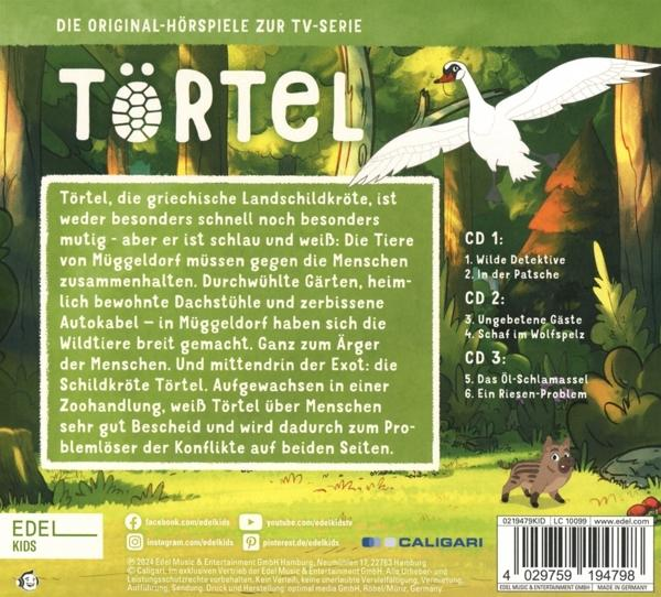 CD-Cover mit Schildkröte, Schwan und Wildschwein. Text enthält den Titel und eine Beschreibung der Geschichte.