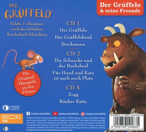 Cover für 'Der Grüffelo'. Zeigt eine Maus, ein Monster und Text über Hörbücher und Kindergeschichten.