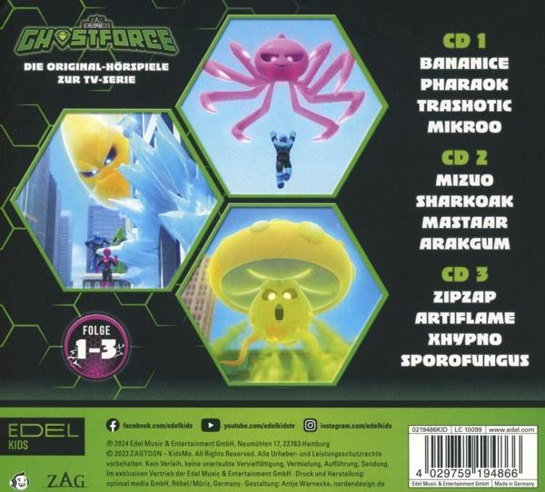 Rückseite einer Ghostforce-CD mit Cartoon-Charakteren und Episodendetails auf dunklem Hintergrund.