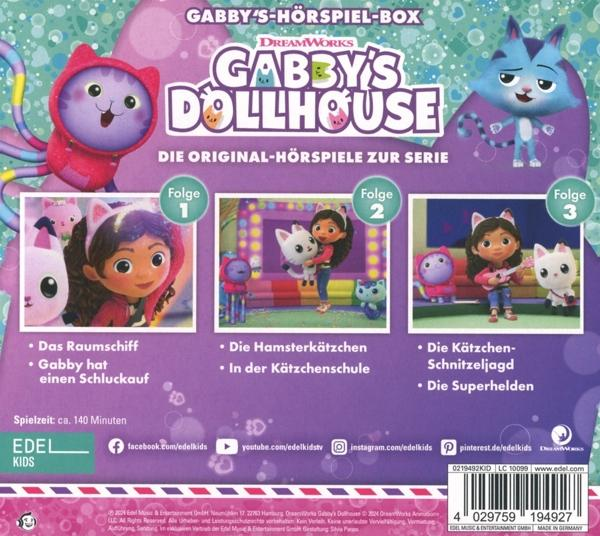 Gabby's Dollhouse DVD-Hülle. Enthält Charaktere, Episodentitel und Logos in Lila und Rosa.