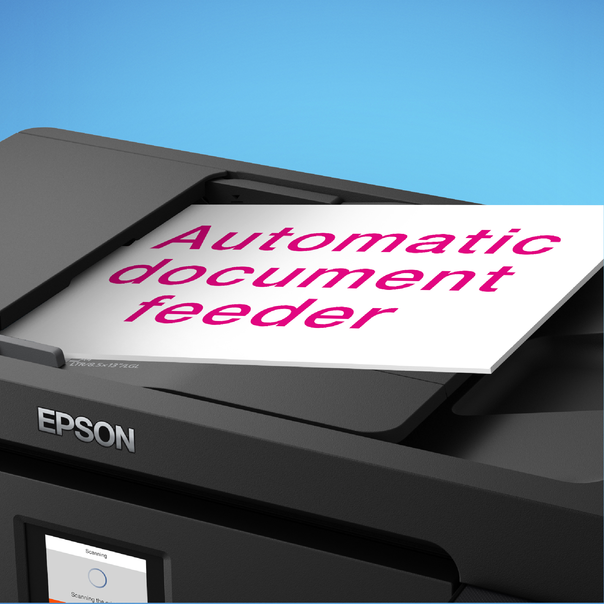 Epson nyomtató dokumentumadagolóval. Az adagolón rózsaszín betűkkel a 'Automatic document feeder' felirat látható.