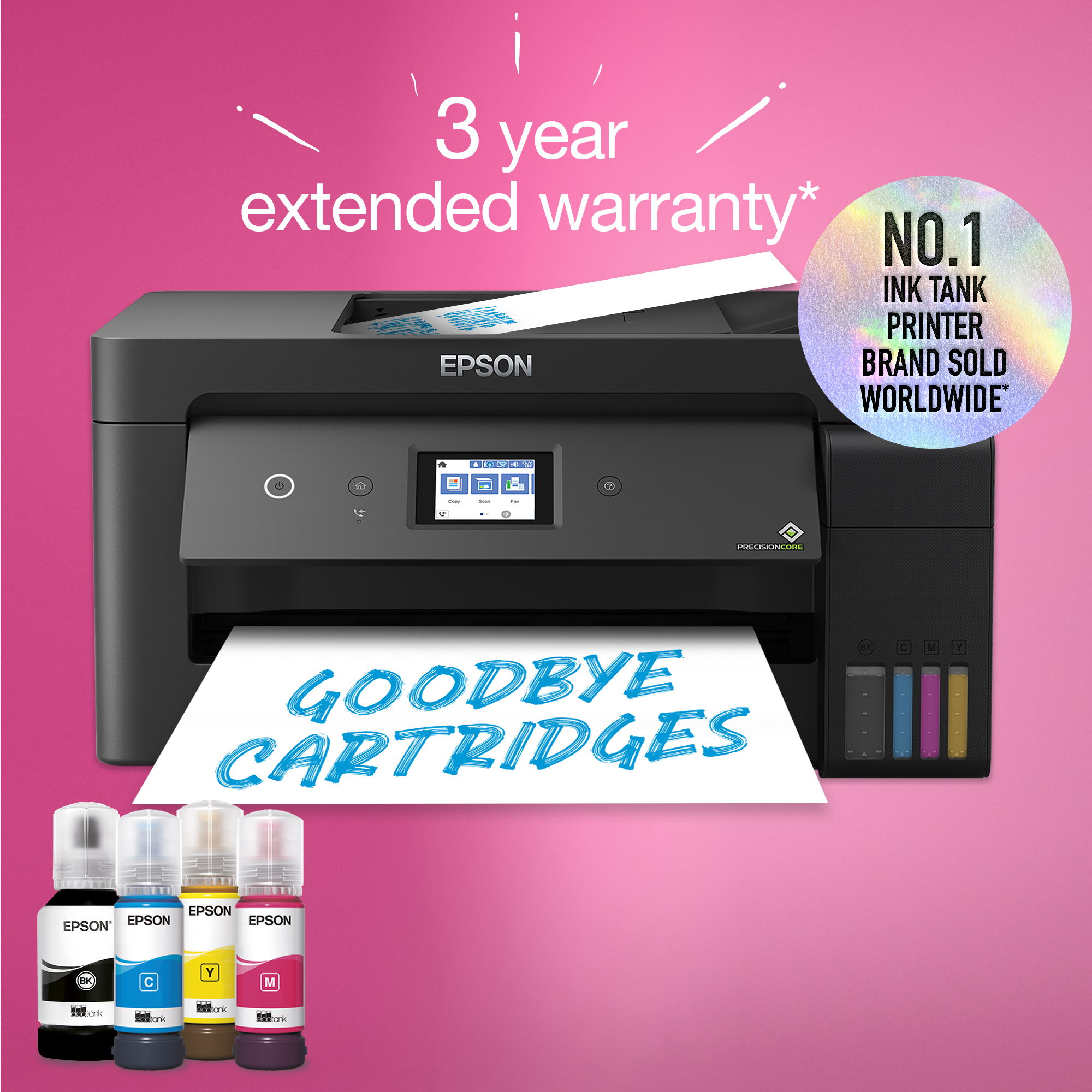 Epson nyomtató papírral, tintapalackokkal és Goodbye Cartridges felirattal rózsaszín háttéren.