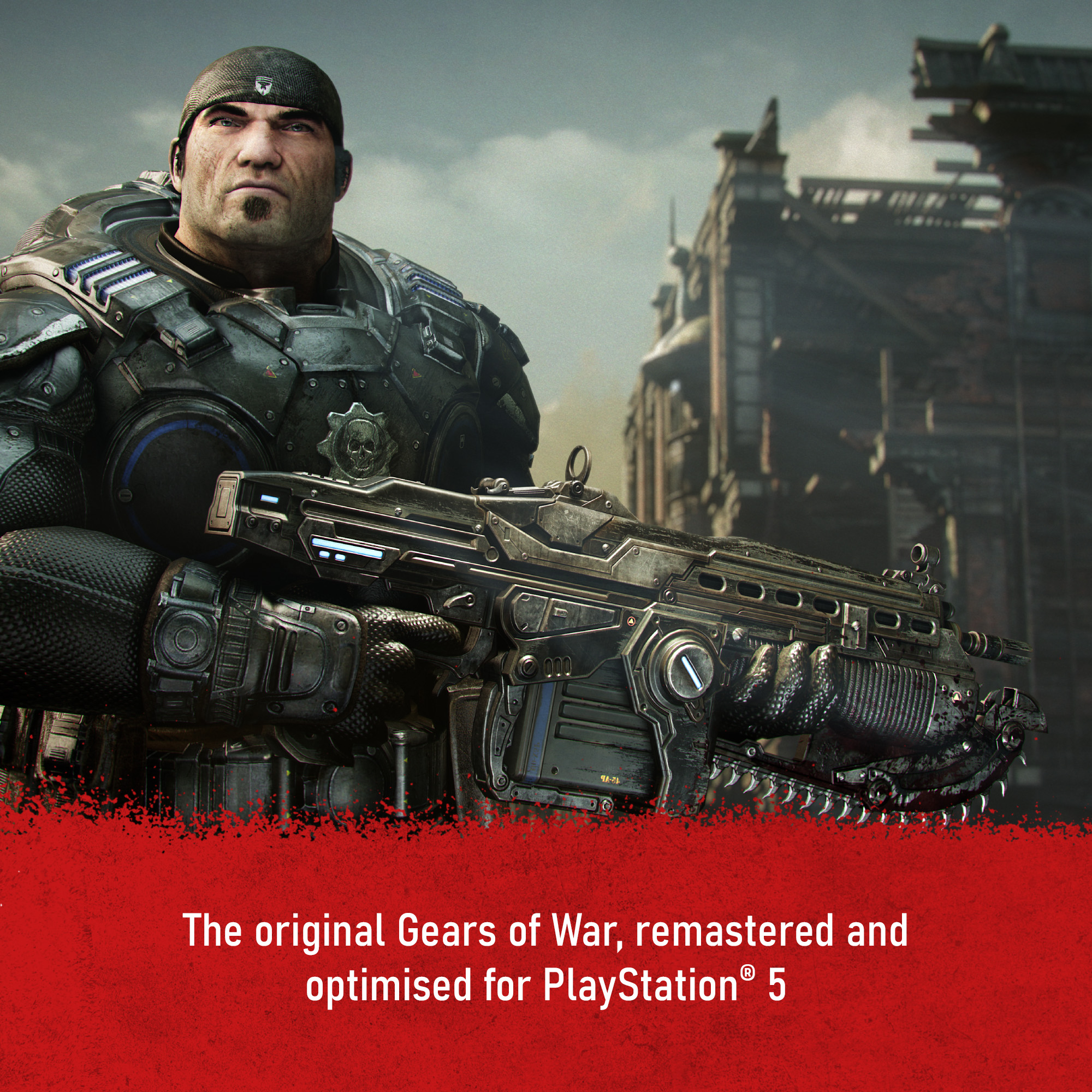 Zırhlı bir adam büyük bir silah tutuyor. Arka planda harabe bir şehir var. Metin: Gears of War, PlayStation 5 için yeniden düzenlendi.
