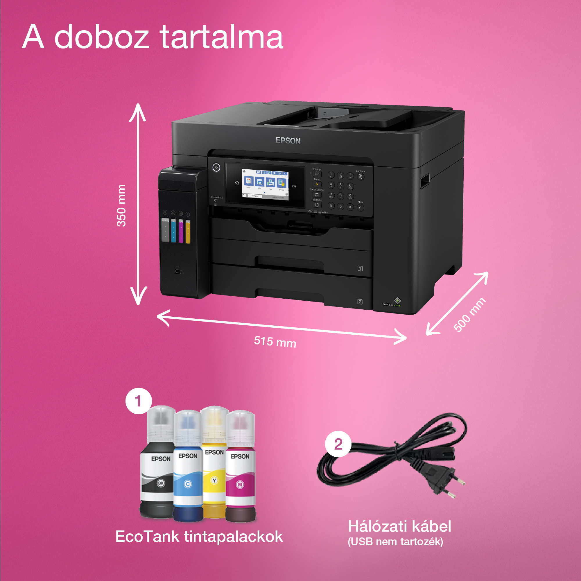 Epson nyomtató tintapalackokkal és tápkábellel rózsaszín háttéren. A méretek meg vannak adva.