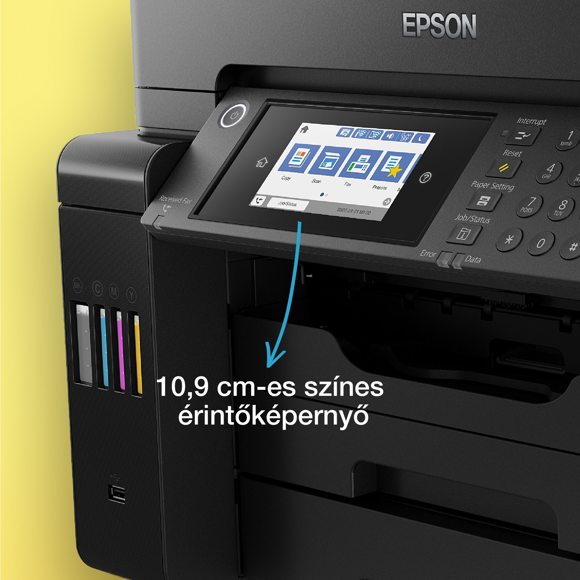 Epson nyomtató érintőképernyővel. A képernyő másolás, szkennelés, fax és beállítások ikonokat jelenít meg. Szöveg: '10,9 cm-es színes érintőképernyő'.