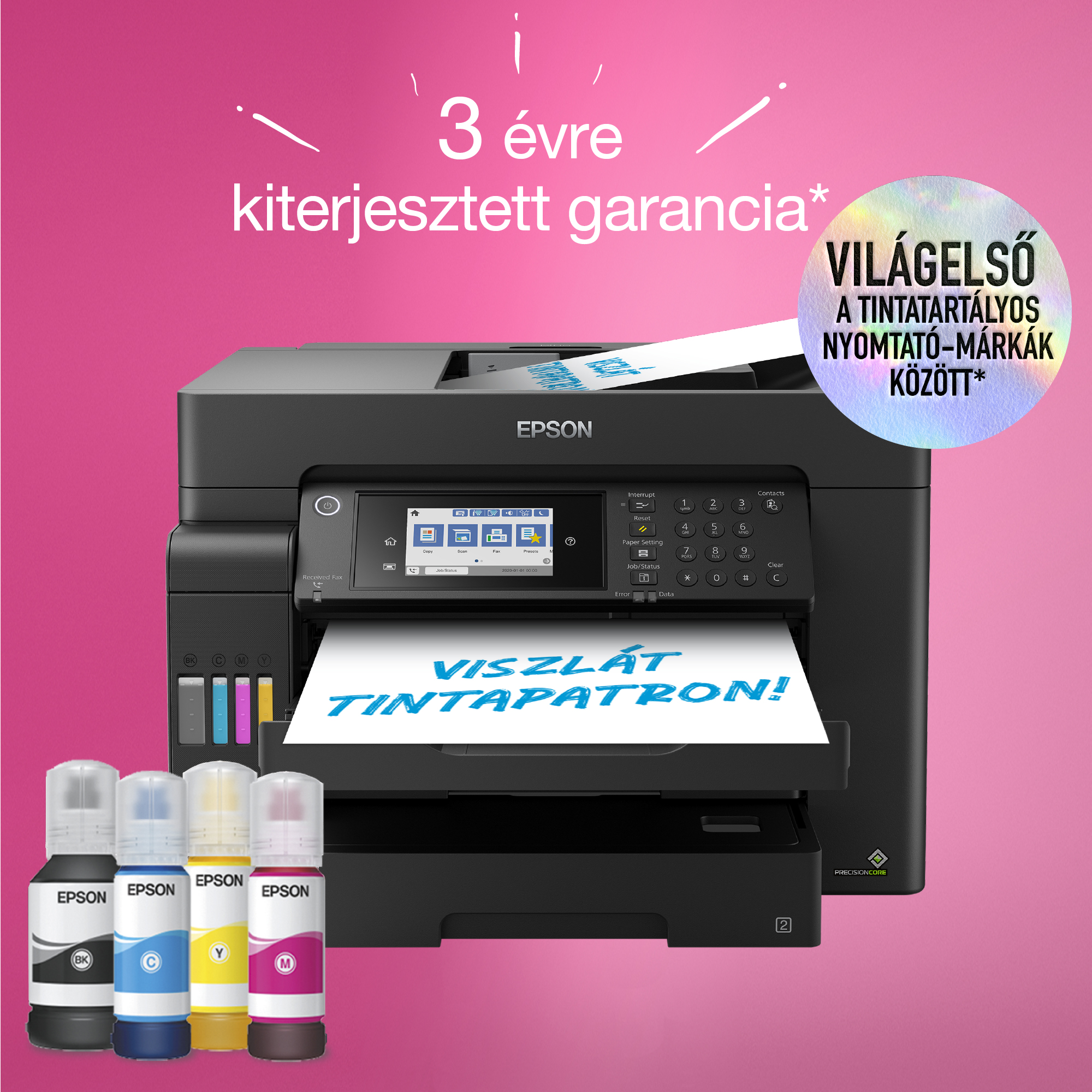 Fekete Epson nyomtató tintásüvegekkel. A szöveg: '3 év garancia' és 'Viszlát tintapatron!'