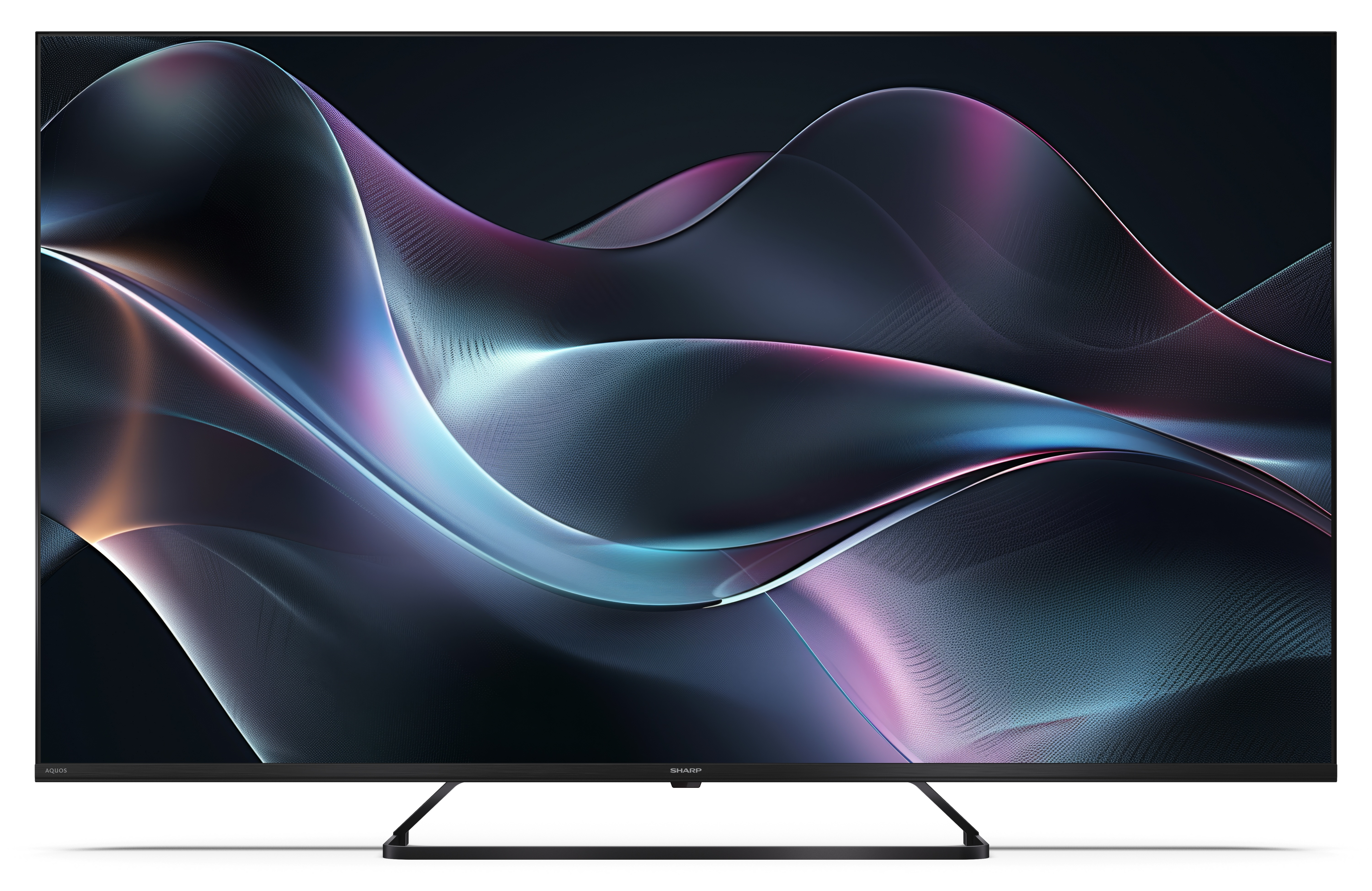 Telewizor Sharp wyświetla falisty, abstrakcyjny wzór w kolorach niebieskim, różowym i czarnym na czarnym tle.