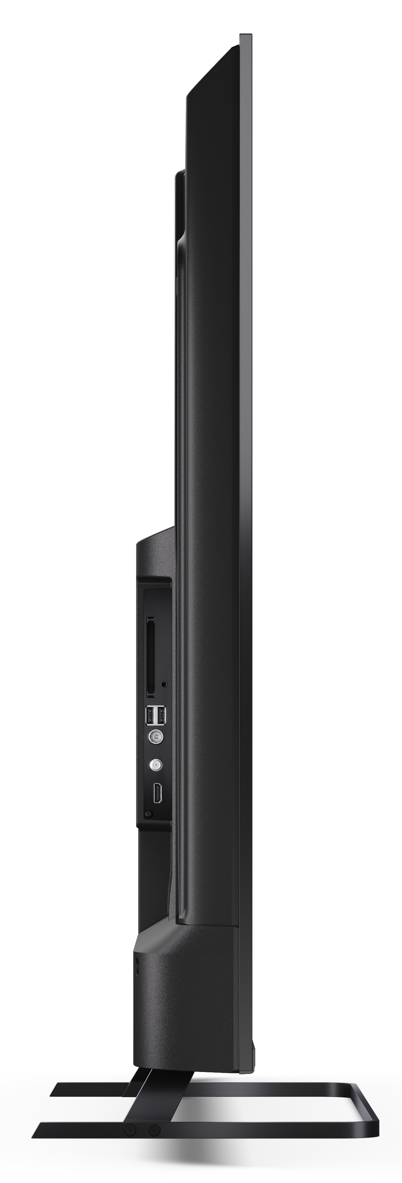 Widok z boku czarnego telewizora. Ekran jest ciemny. Ma stojak. Porty są widoczne z boku.