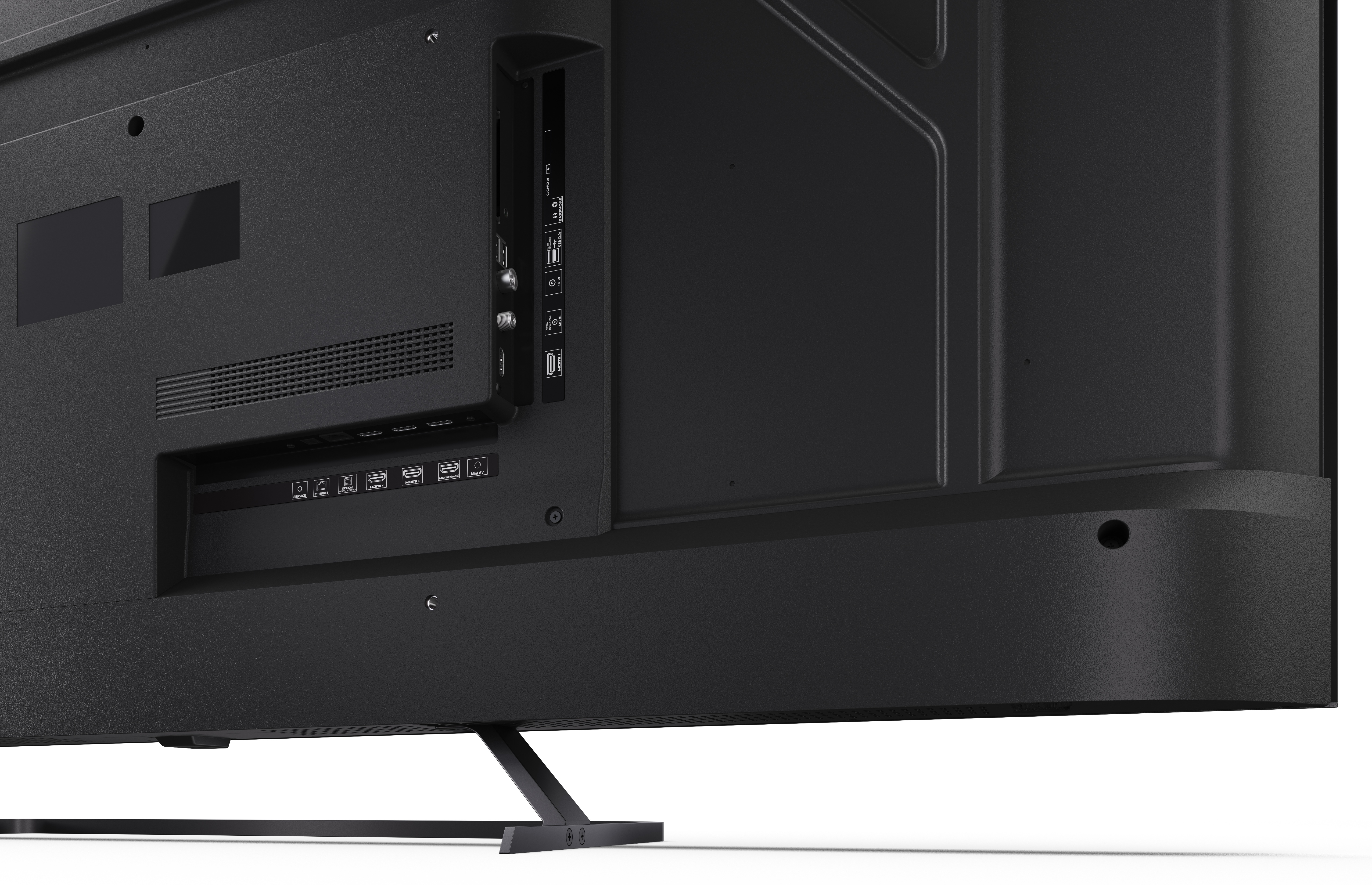 Pokazano tył czarnego telewizora, z różnymi portami i podstawą. Powierzchnia ma teksturowane wykończenie.