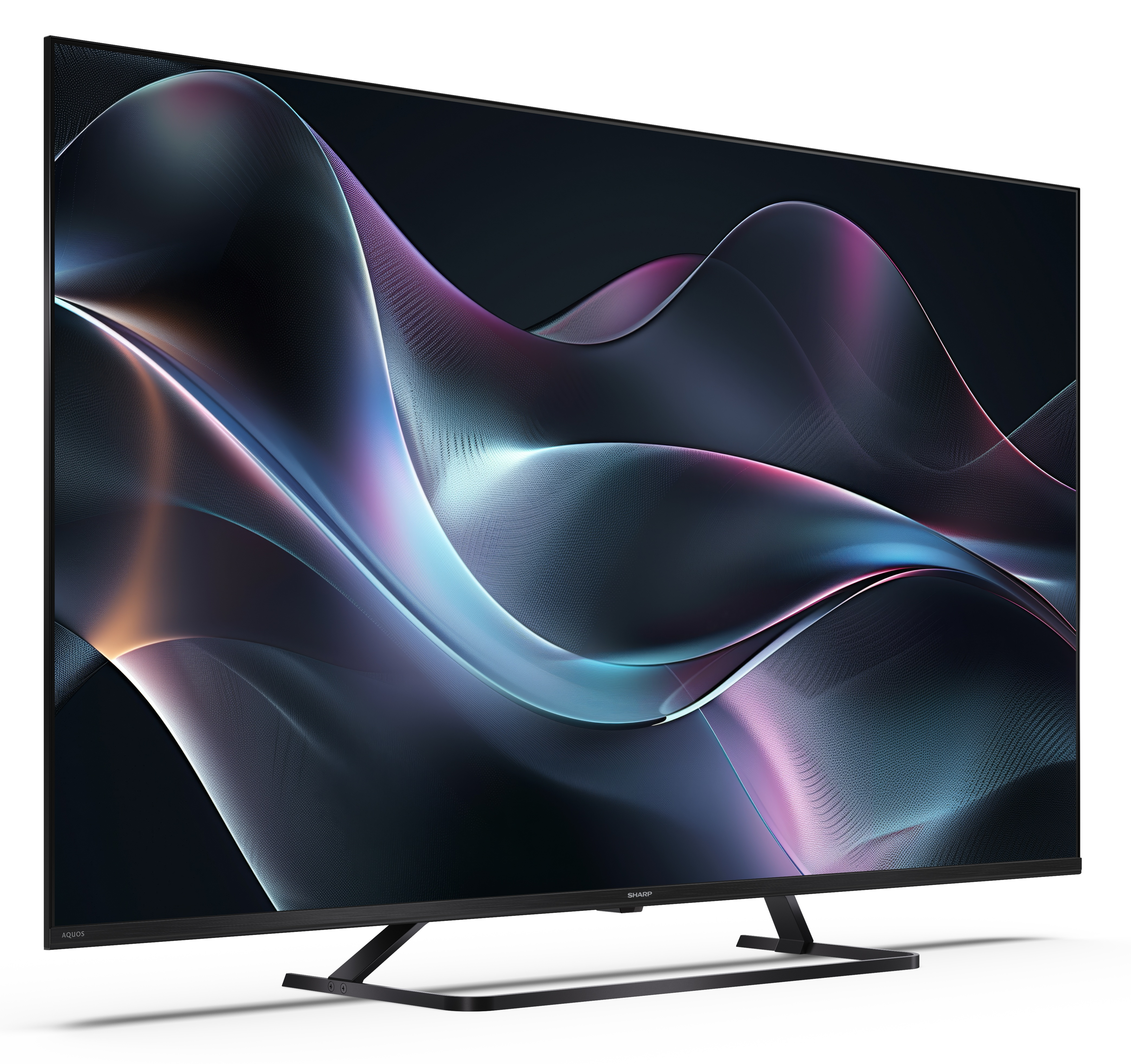 Duży, czarny telewizor Sharp z zakrzywionym ekranem wyświetla falisty, kolorowy, abstrakcyjny wzór.