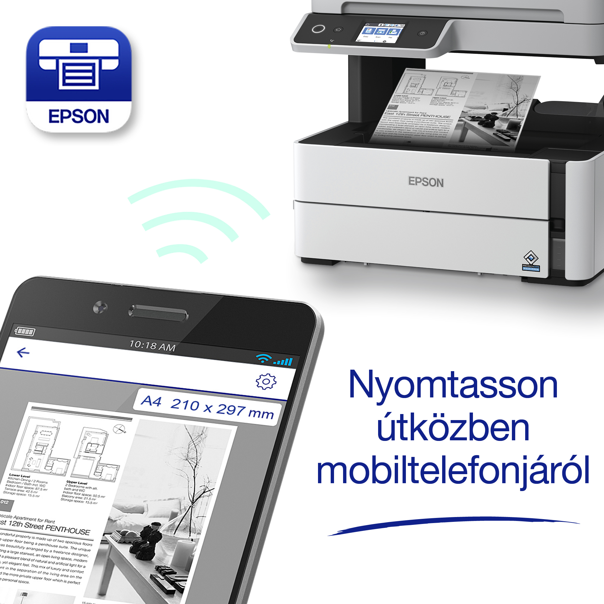 Egy Epson nyomtató dokumentumot nyomtat okostelefonról. A telefon egy alaprajzot mutat. A szöveg: 'Nyomtatás mobilról'.