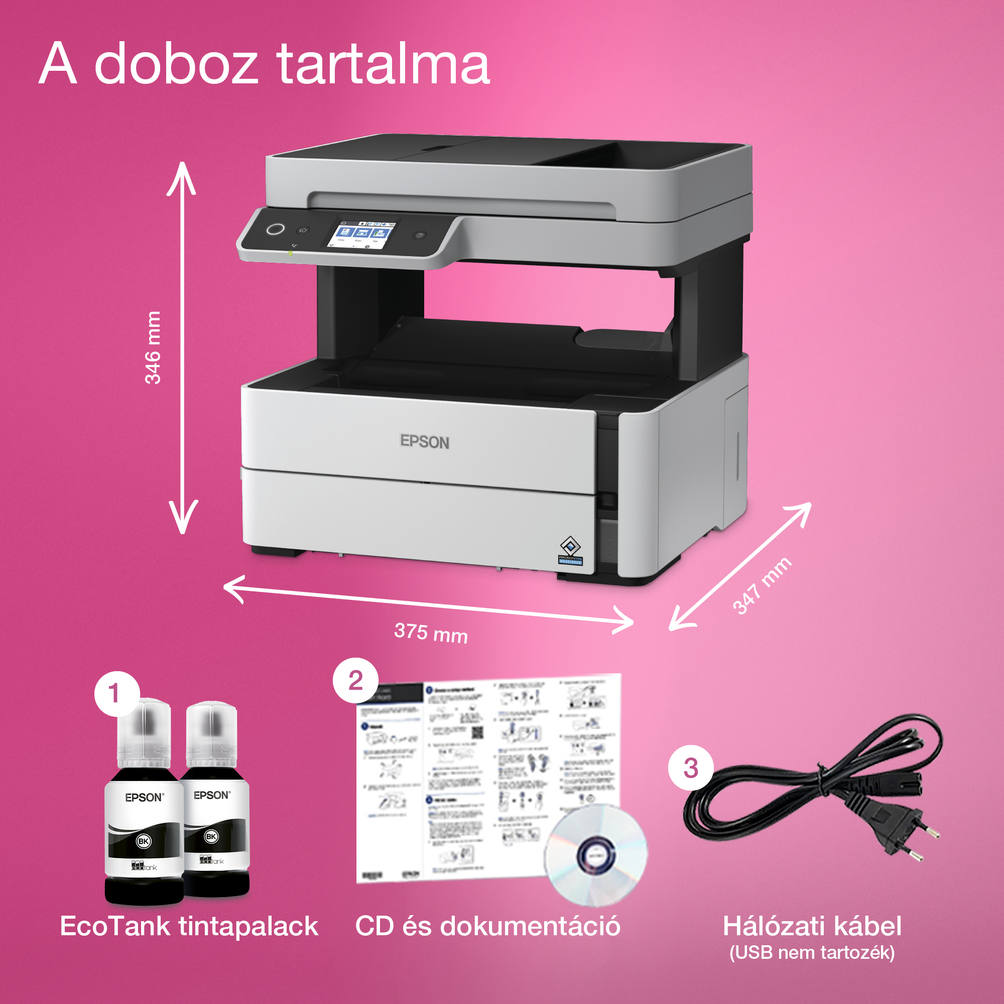 Egy Epson nyomtató tintapalackokkal, dokumentációval és tápkábellel rózsaszín háttéren. Méretek jelezve.