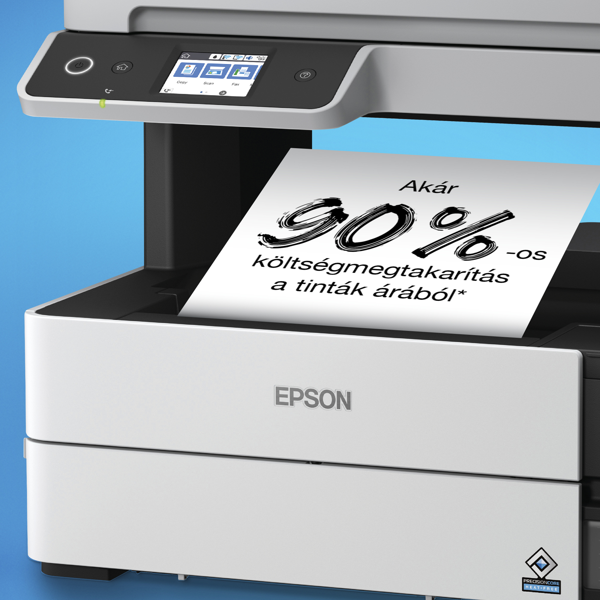 Egy Epson nyomtató 90%-os szöveget jelenít meg a papíron, ami költségmegtakarítást jelez. Kék háttér, fehér nyomtató.