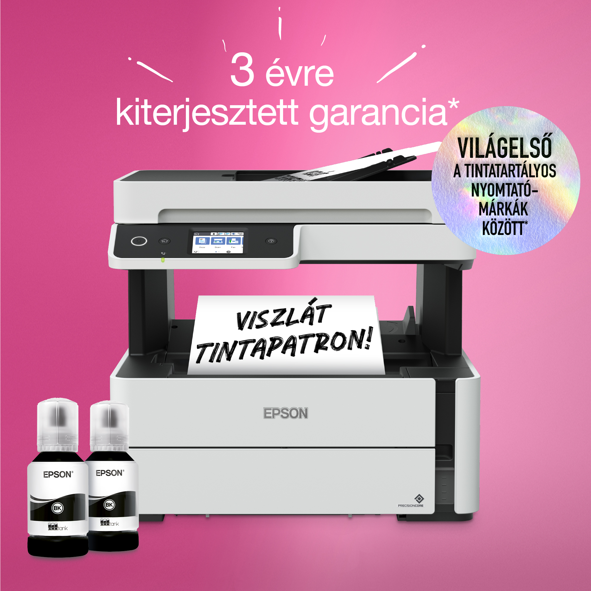 Epson nyomtató tintapalackokkal, szöveges papír és szöveg rózsaszín háttéren. A szöveg 3 év garanciát hirdet.