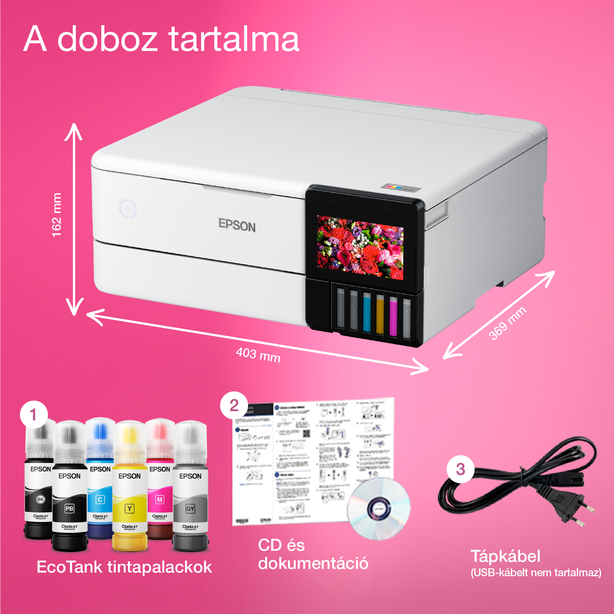 Egy Epson nyomtató tintapalackokkal, CD-vel, tápkábellel és dokumentációval rózsaszín háttéren. A nyomtatón színes képernyő van.