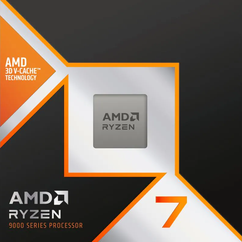 Graphique d'un processeur AMD Ryzen. Il présente la marque AMD Ryzen, le chiffre 7 et la technologie 3D V-CACHE dans un design orange et noir.