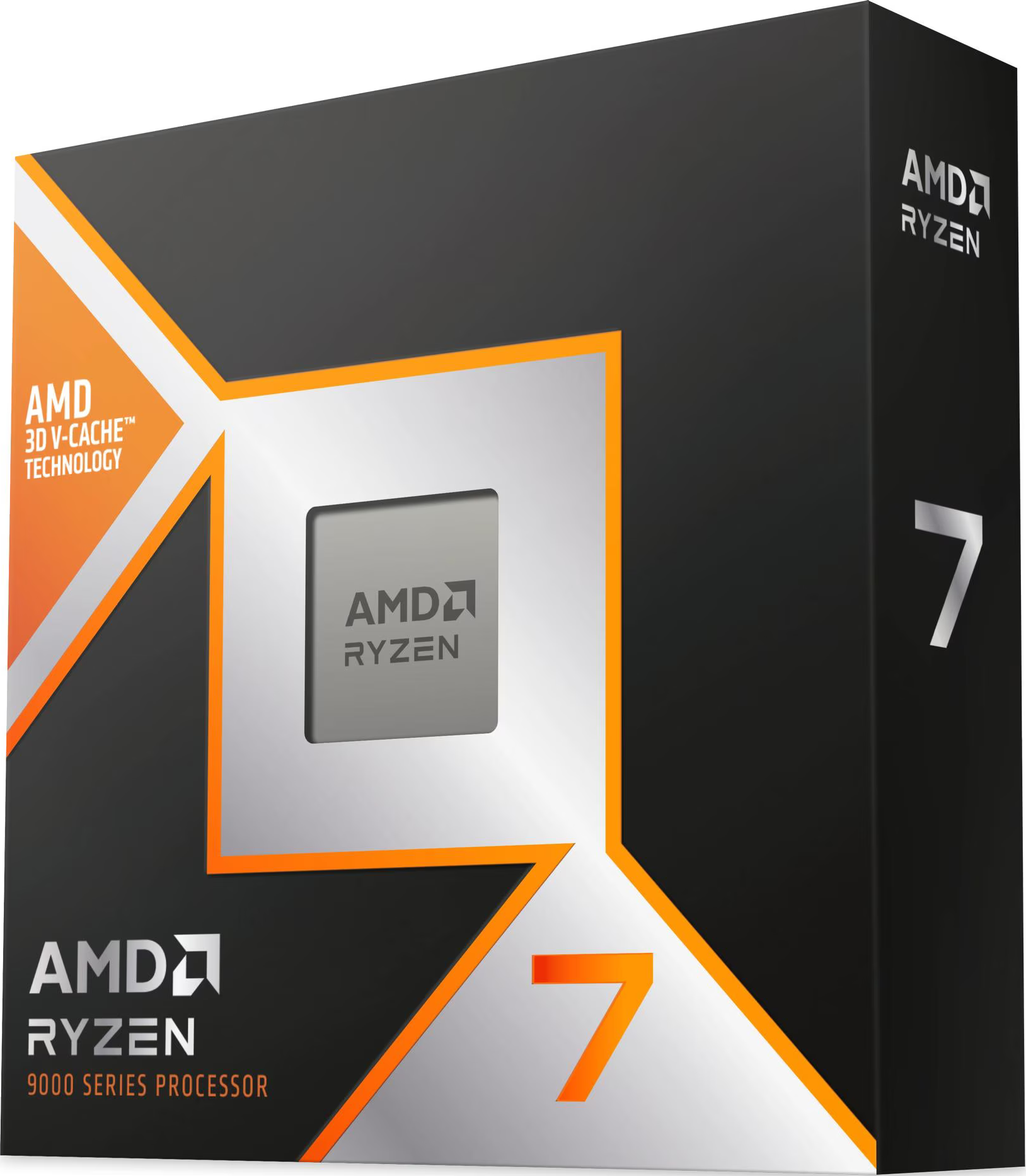 Une boîte avec le logo AMD Ryzen 7. Design orange et noir. Il est écrit AMD 3D V-Cache et 9000 Series Processor.
