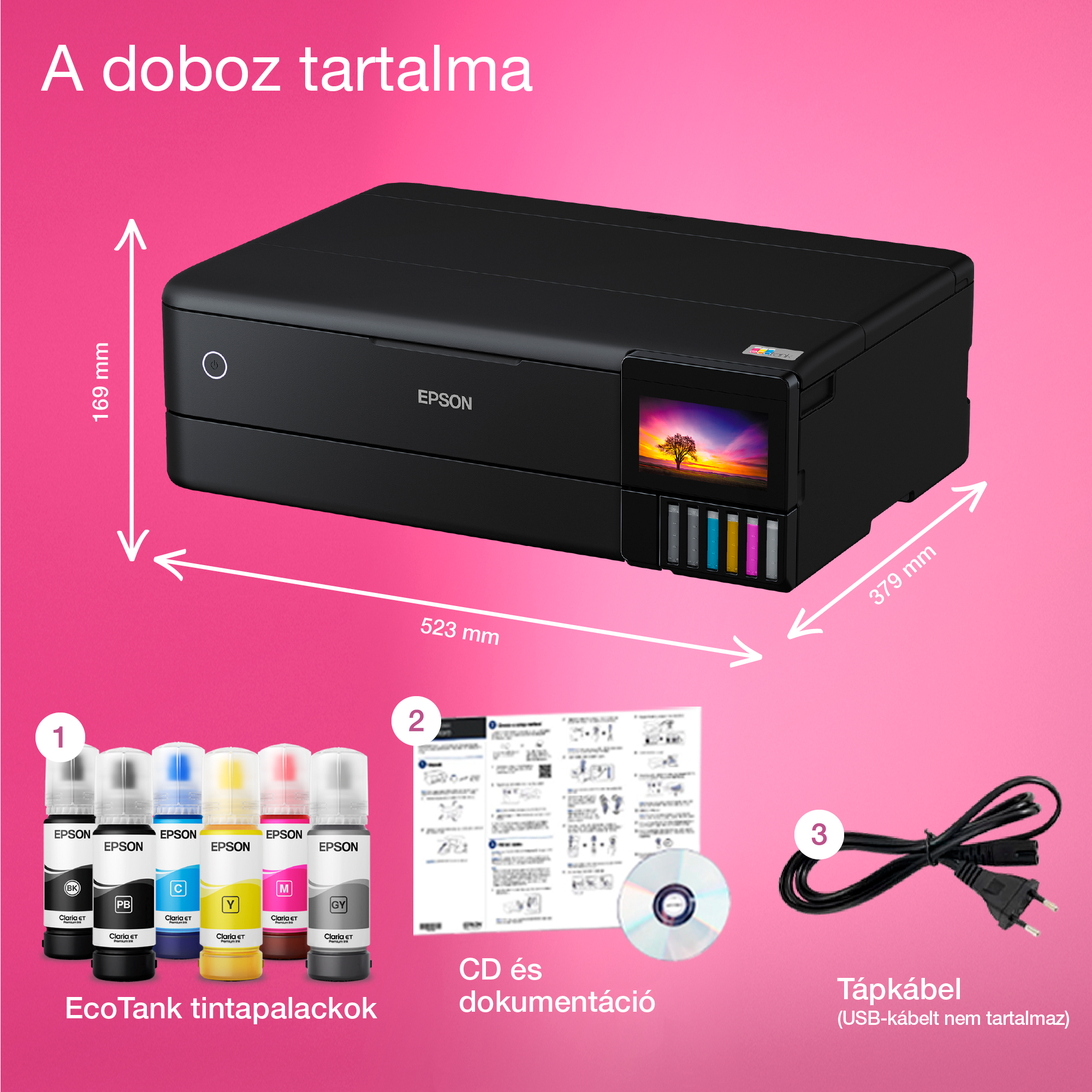 Epson nyomtató tintapalackokkal, CD-vel és tápkábellel rózsaszín háttérben. A méretek láthatók.