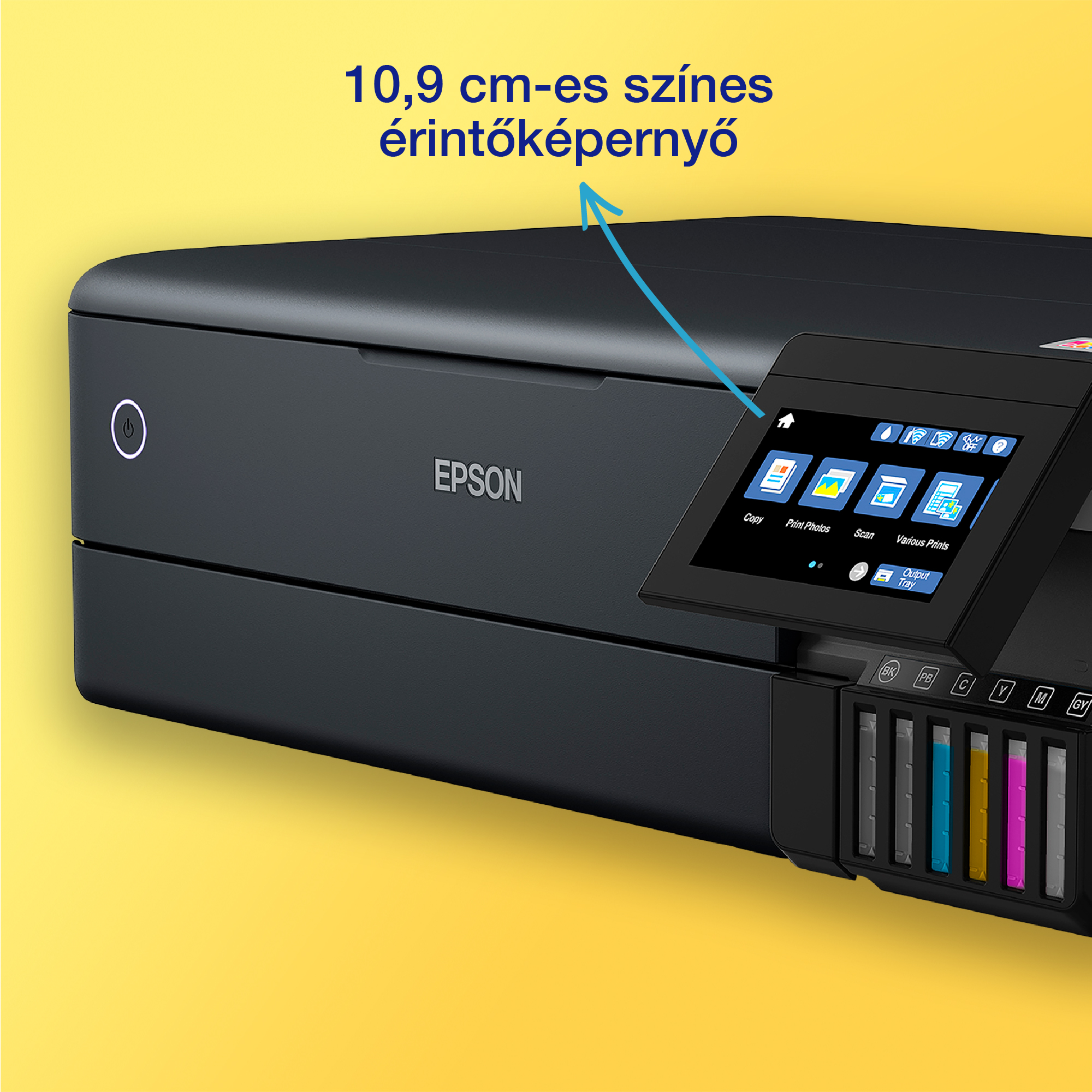 Fekete Epson nyomtató színes érintőképernyővel. A képernyő különböző opciókat jelenít meg. Sárga háttér.