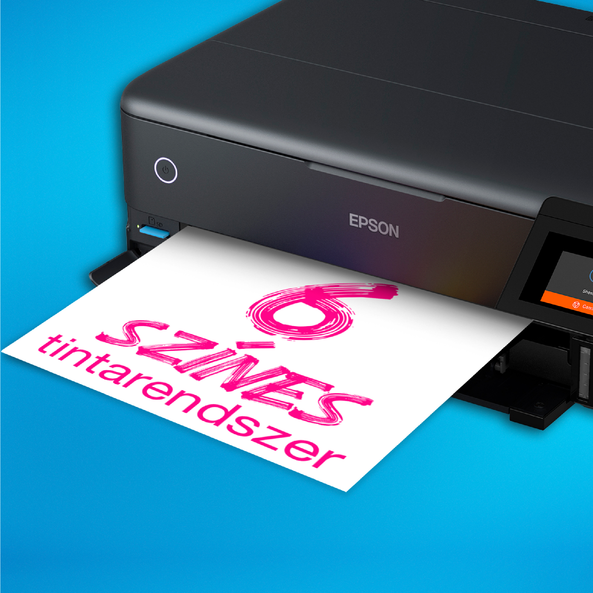 Egy Epson nyomtató rózsaszín magyar szöveget nyomtat kék háttérre.