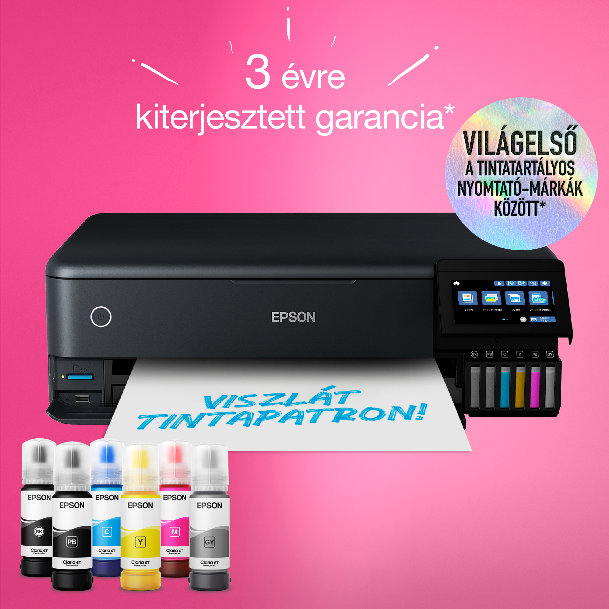 Epson nyomtató tintapalackokkal. A szöveg 3 év garanciát és a vezető tintatartályos márka hirdeti.