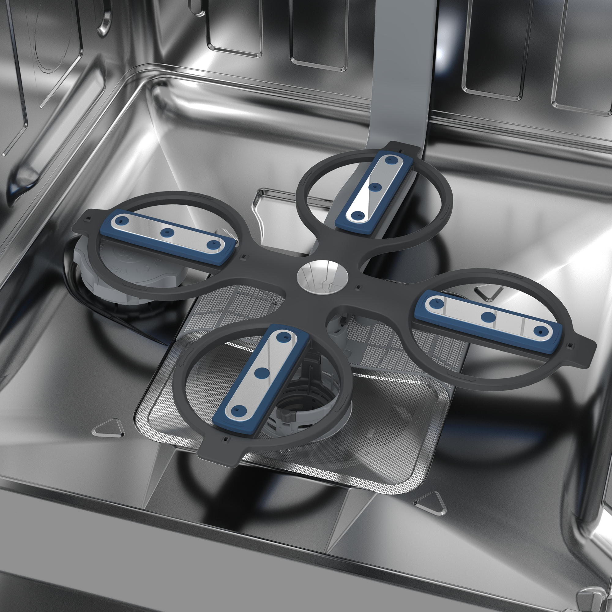 Wewnątrz zmywarki widoczne jest szare i niebieskie obrotowe ramię natryskowe. Widoczny jest również filtr i wnętrze ze stali nierdzewnej.