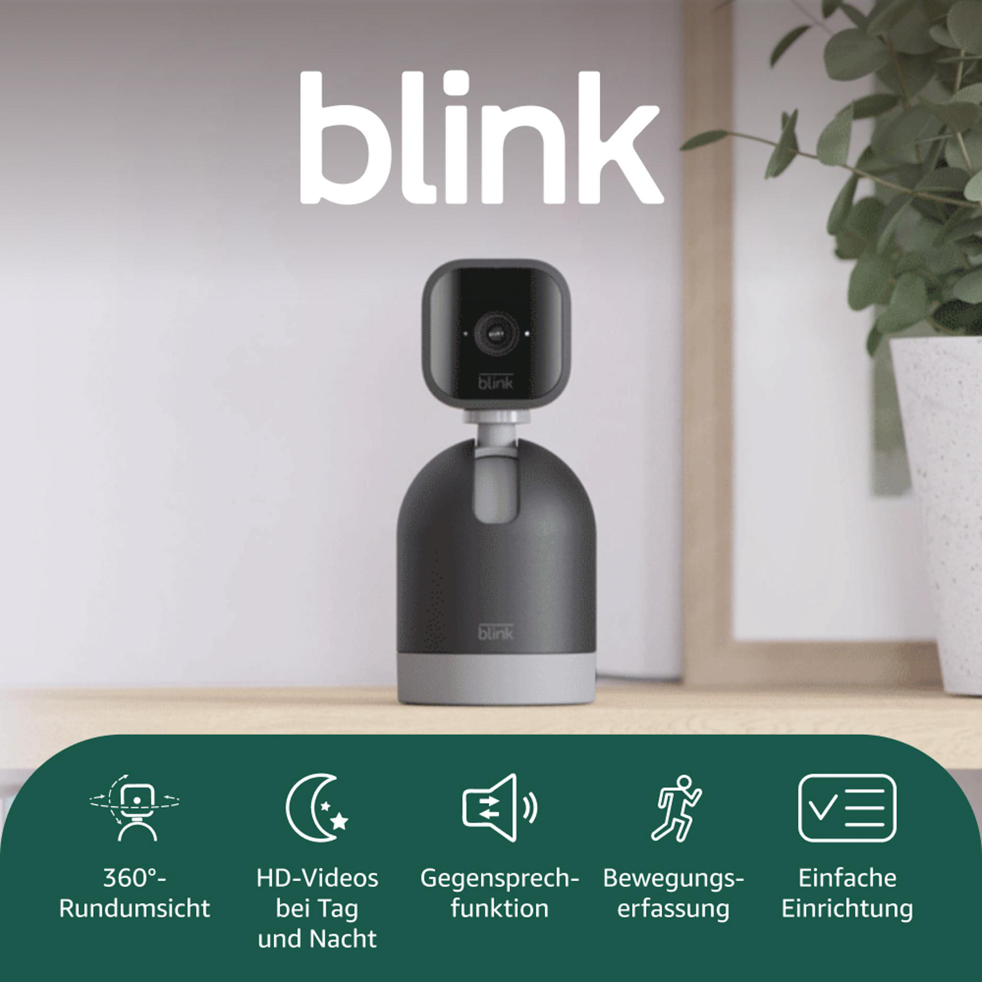 Eine Blink-Kamera wird angezeigt. Die Kamera ist schwarz und grau. Der Hintergrund zeigt eine Pflanze und Produktmerkmale.