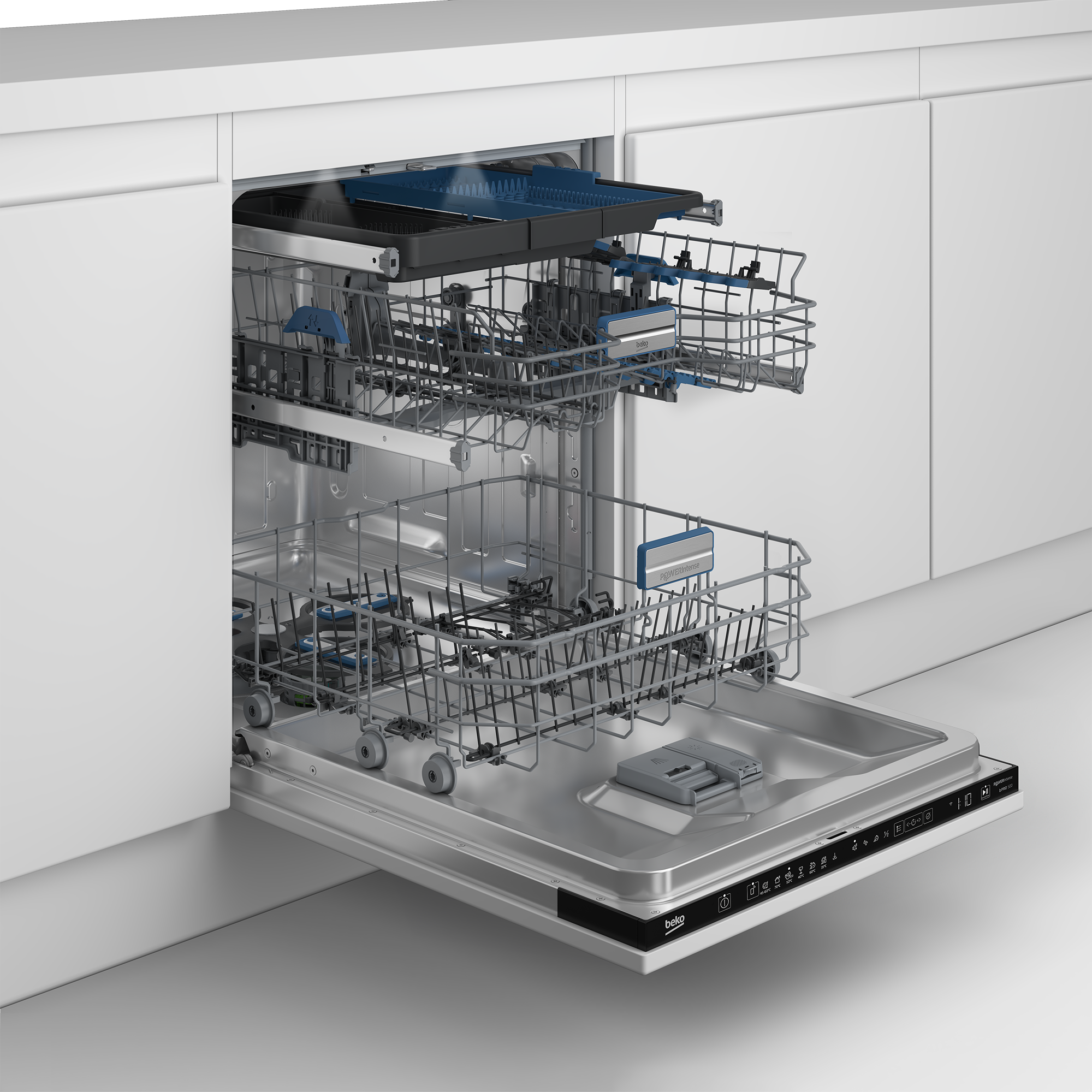 Otwarta zmywarka z dwoma półkami. Górna półka ma niebieską tacę. Dolna półka jest wysunięta. Maszyna jest ze stali nierdzewnej.