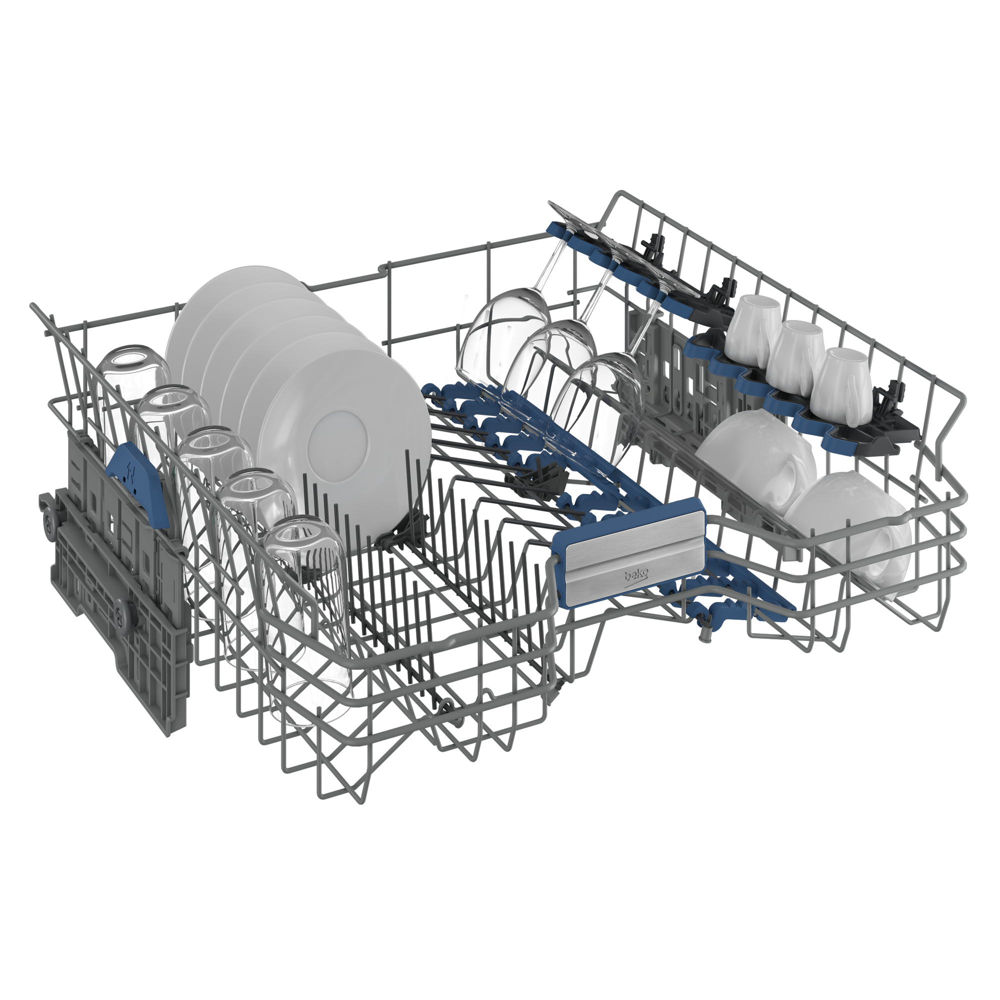 Wnętrze zmywarki z talerzami, szklankami i filiżankami ułożonymi na stojakach, gotowe do mycia. Widoczne są niebieskie akcenty.