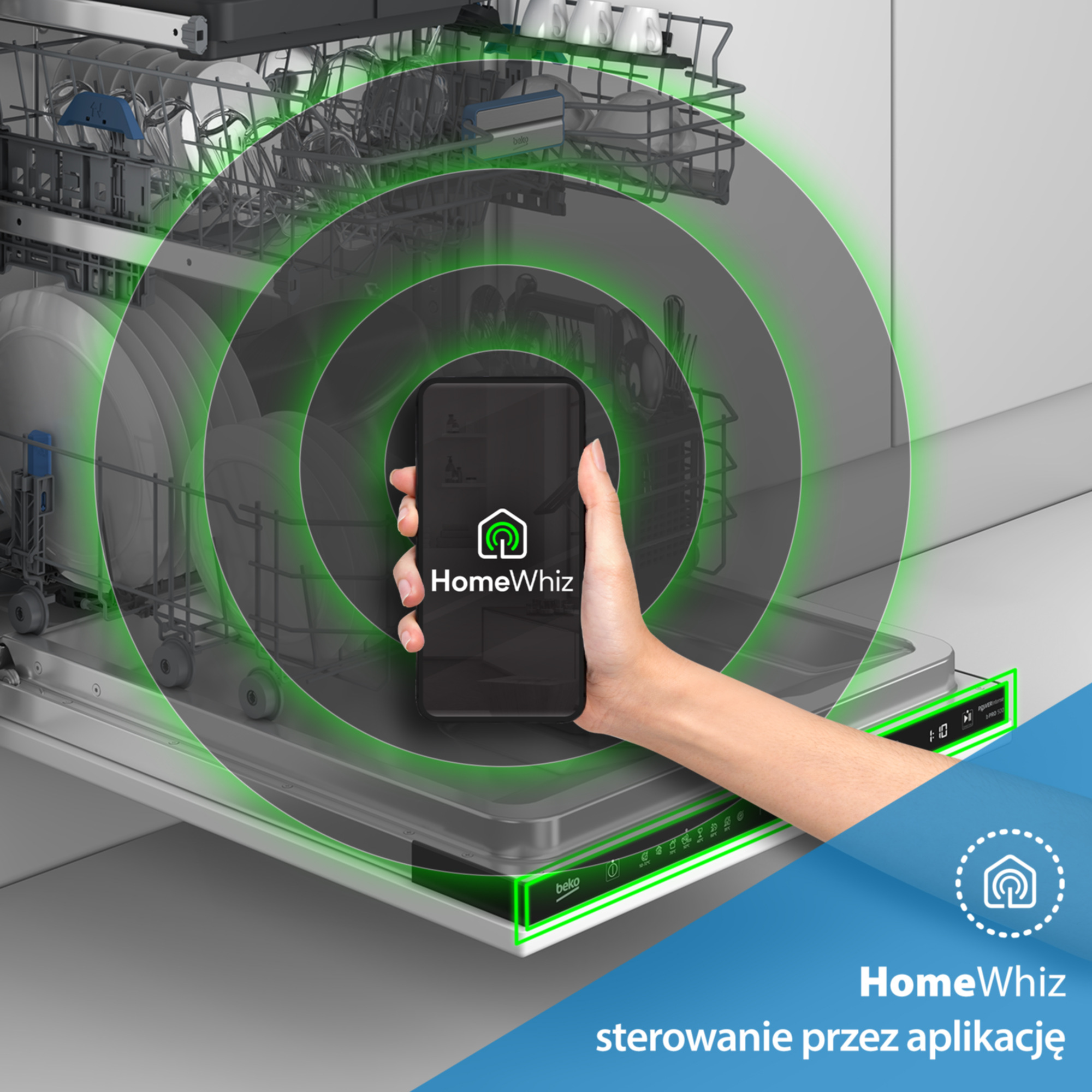 Ręka trzyma telefon z aplikacją HomeWhiz nad zmywarką. Zielone okręgi wychodzą z telefonu.