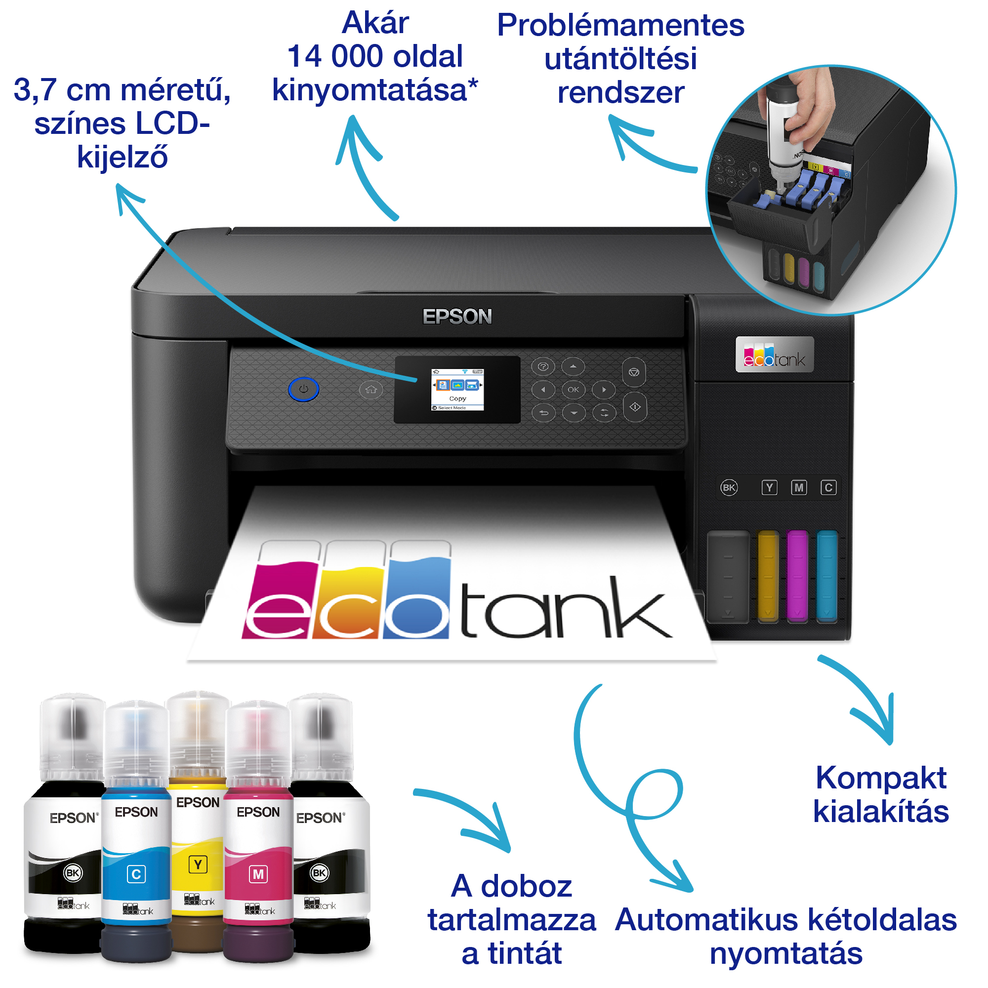 Epson EcoTank nyomtató tintapalackokkal. Jellemzők: színes LCD, utántöltő rendszer, kompakt kialakítás.