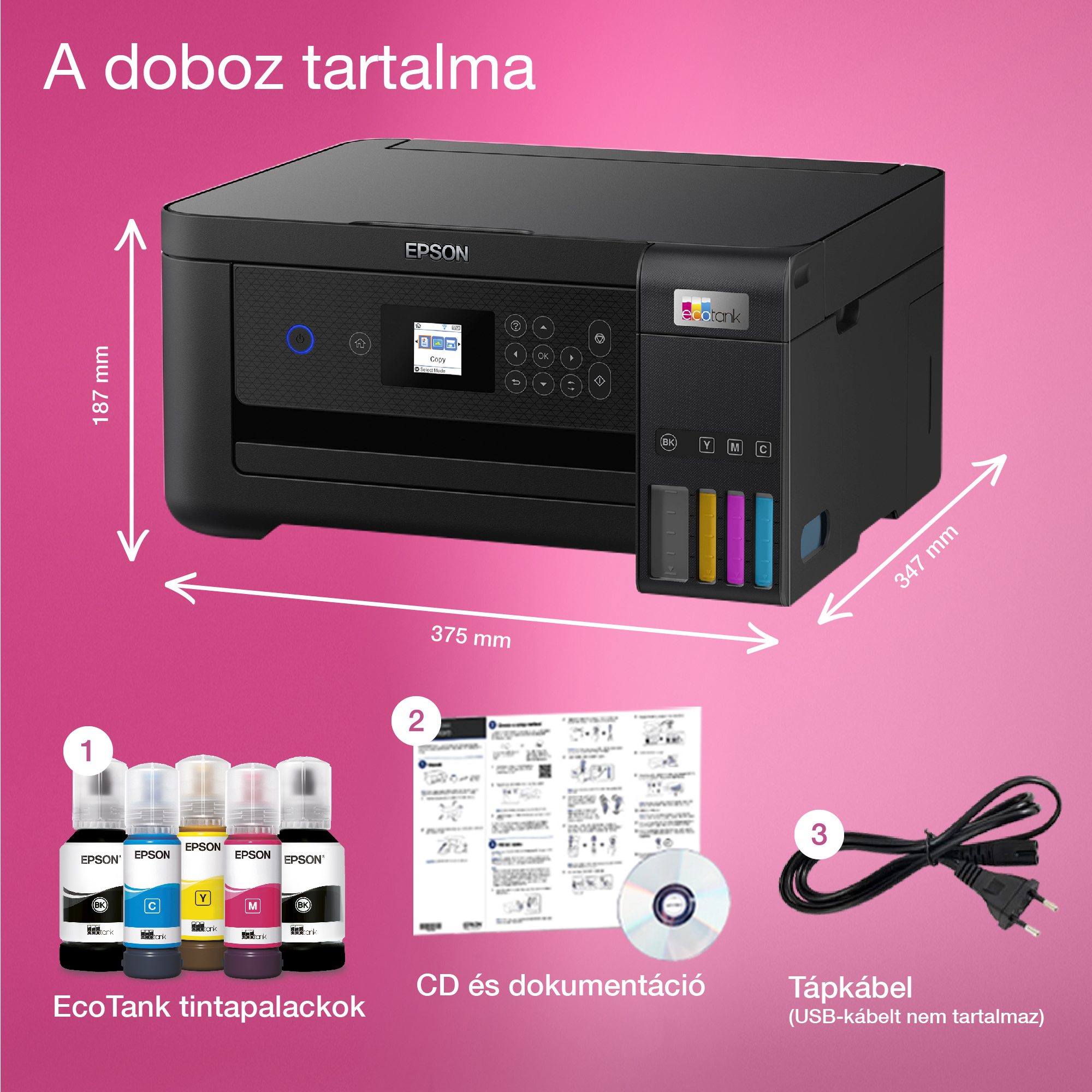 Egy Epson nyomtató tintapalackokkal, CD-vel és tápkábellel. Méretek: 187 mm, 375 mm és 347 mm.