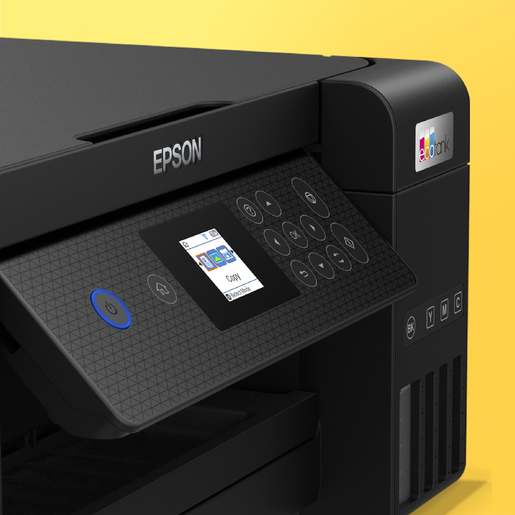 Fekete Epson nyomtató vezérlőpanellel, amely képernyőt és gombokat jelenít meg. Sárga háttér.