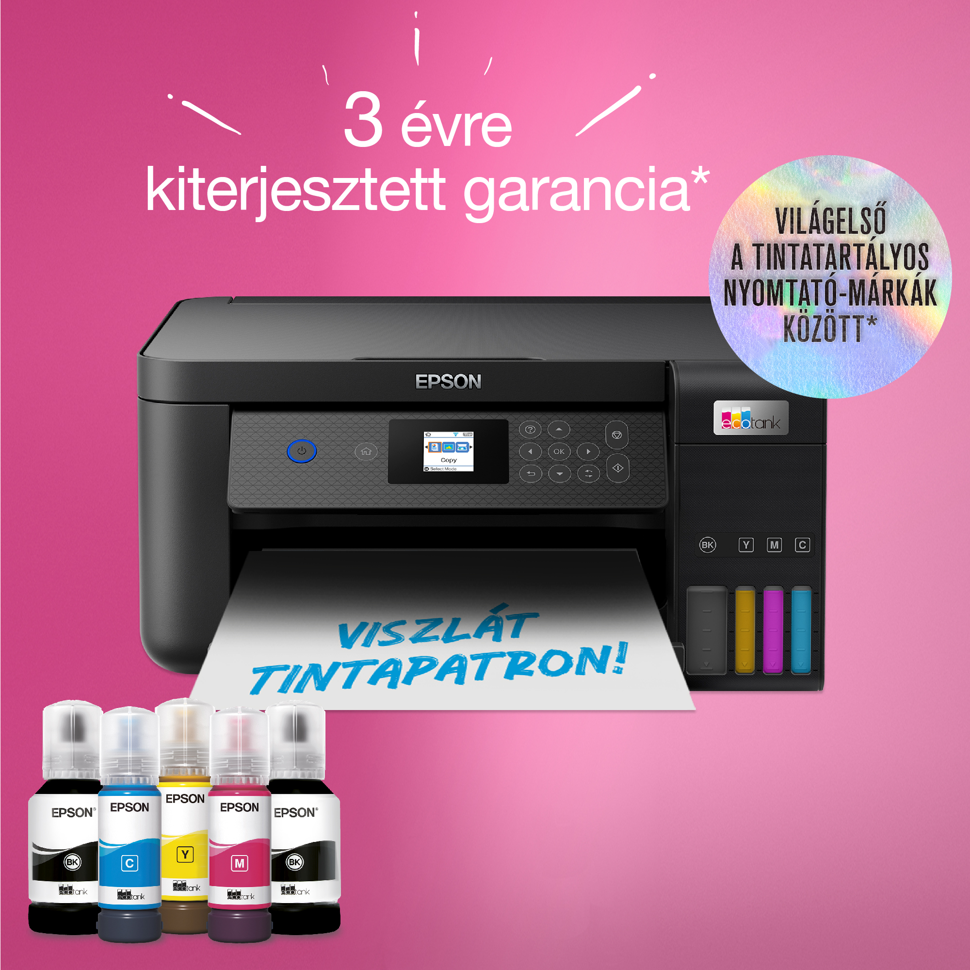 Epson nyomtató tintapalackokkal. A szöveg a '3 év kiterjesztett garancia' és a 'Viszlát tintapatron!' szövegeket tartalmazza.