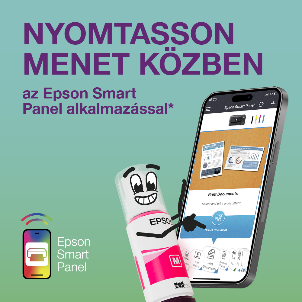 Egy Epson Smart Panel alkalmazáshirdetés egy rajzolt tintásüveggel, ami egy nyomtatási dokumentumokat mutató telefonra mutat.