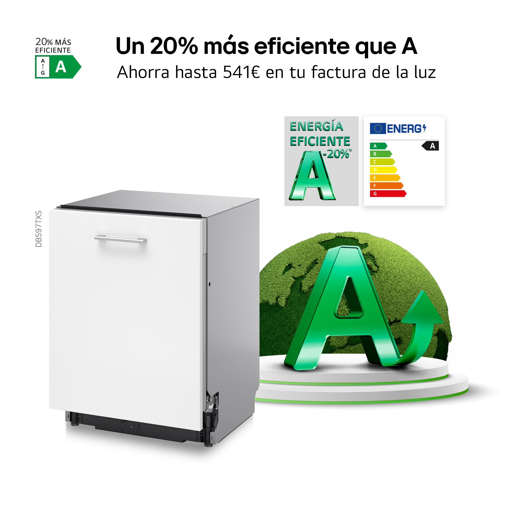 Un 20% más eficiente que A. Ahorra hasta 541€ en tu factura de la luz. Lavavajillas e iconos de energía A sobre fondo verde.