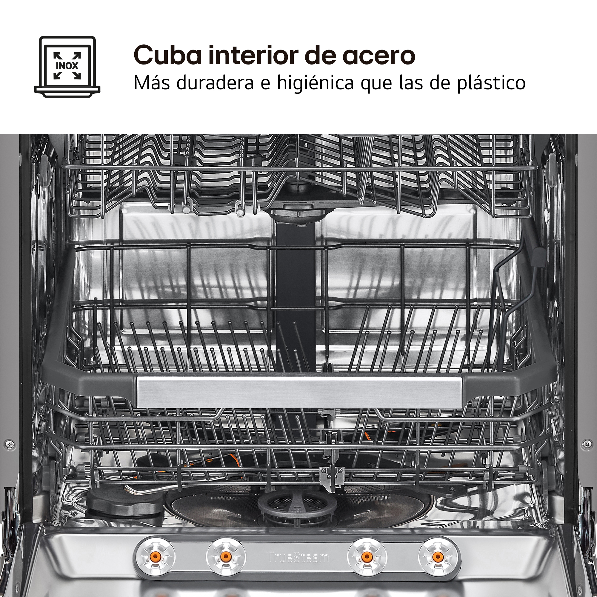 Cuba interior de acero. Más duradera e higiénica que las de plástico. Vista frontal del interior inoxidable del lavavajillas.