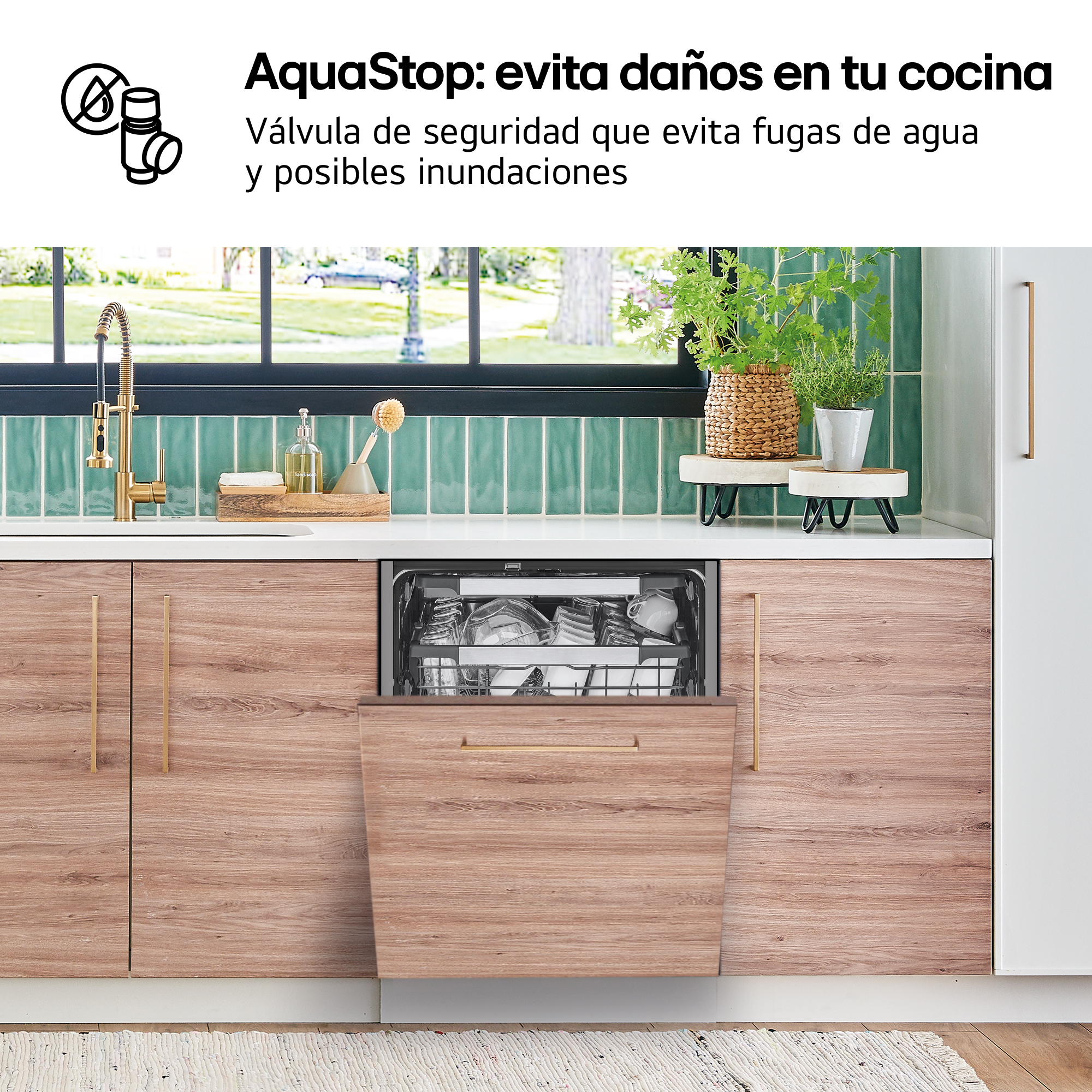AquaStop: evita daños en tu cocina. Válvula de seguridad que evita fugas de agua y posibles inundaciones. Lavavajillas integrado en cocina.