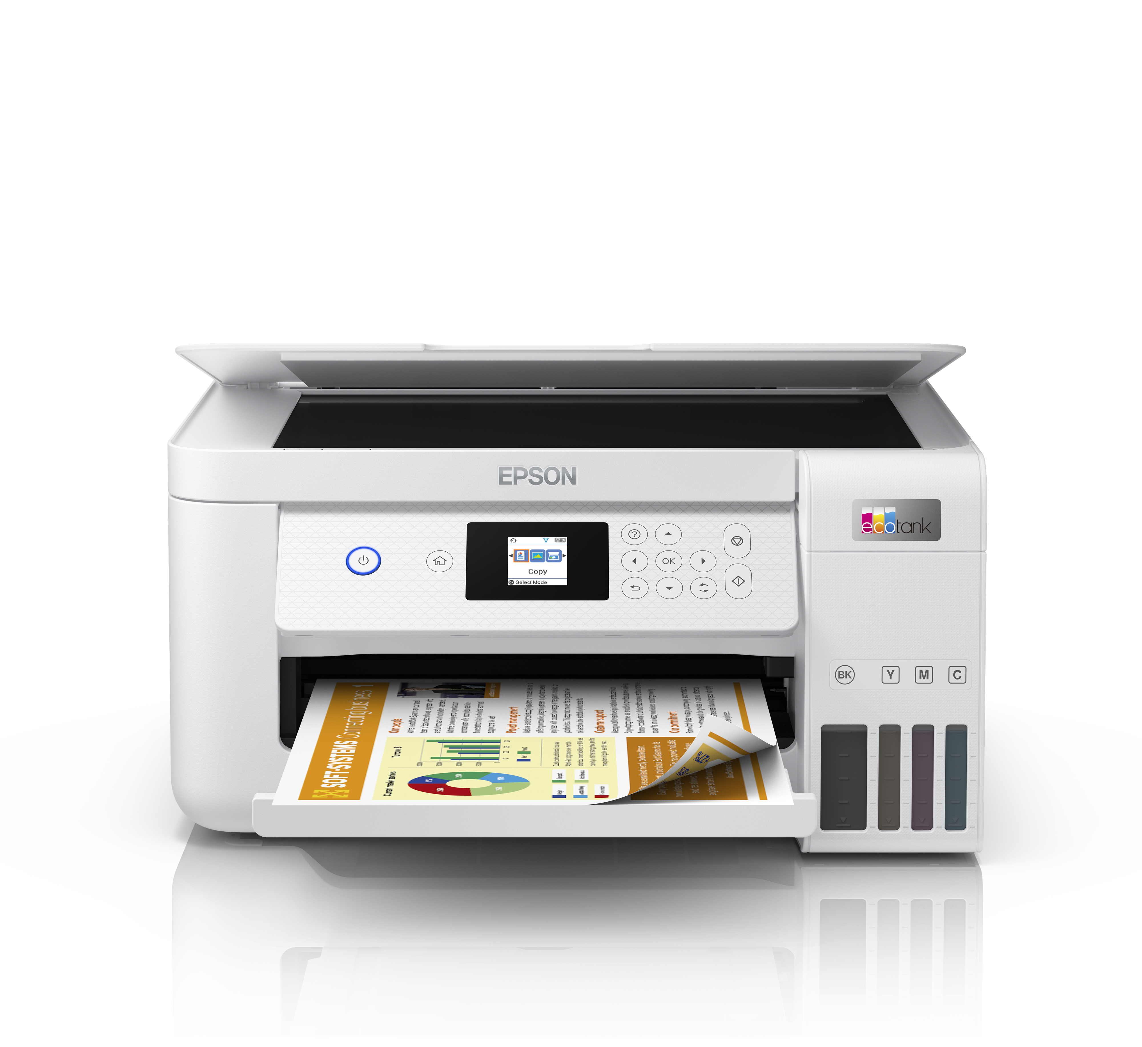 Egy fehér Epson EcoTank nyomtató látható. Van egy papírtálcája nyomtatott dokumentummal és tintatartályokkal.
