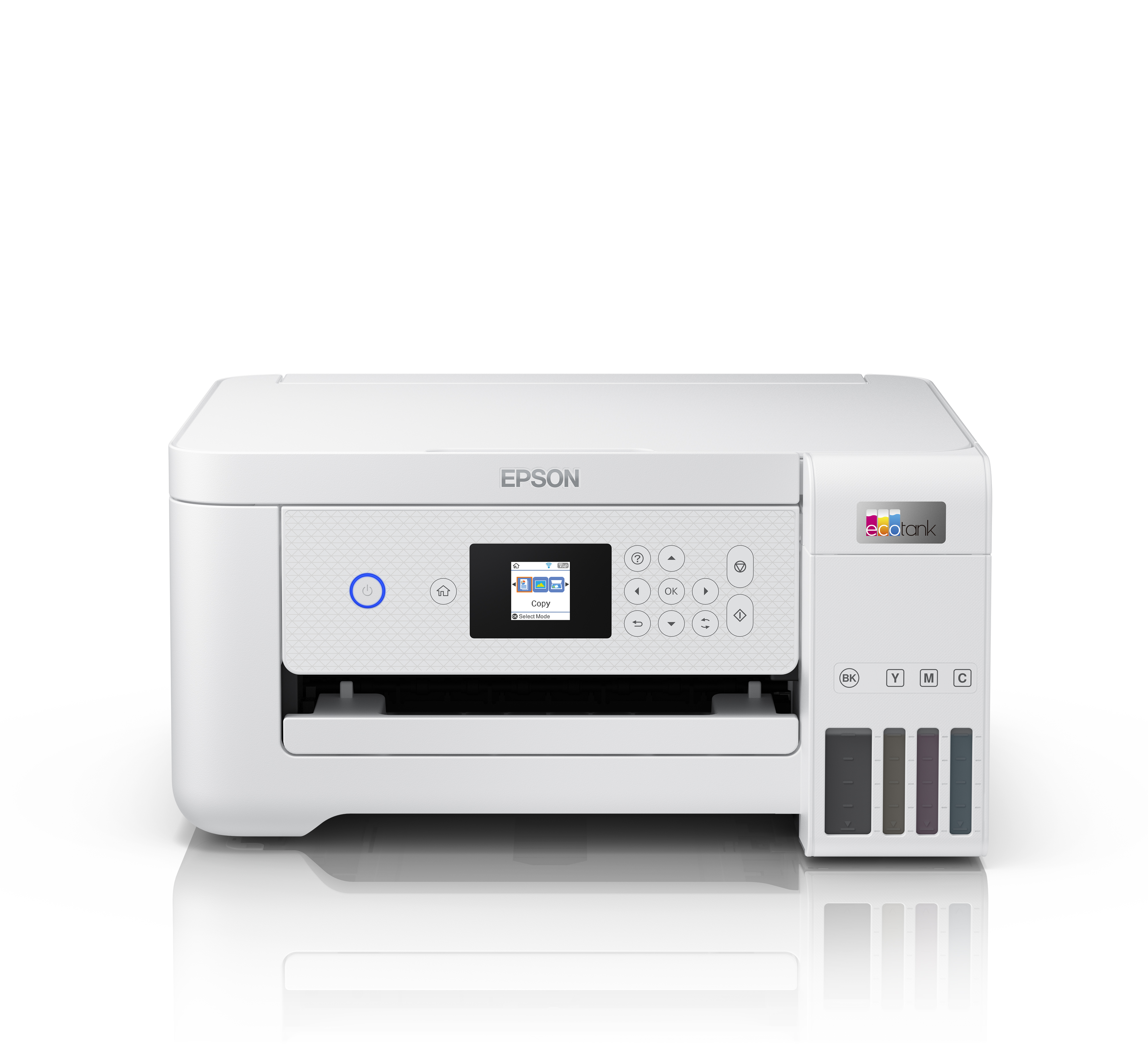 Fehér Epson EcoTank nyomtató, vezérlőpanellel és tintatartályokkal. A háttér fehér.