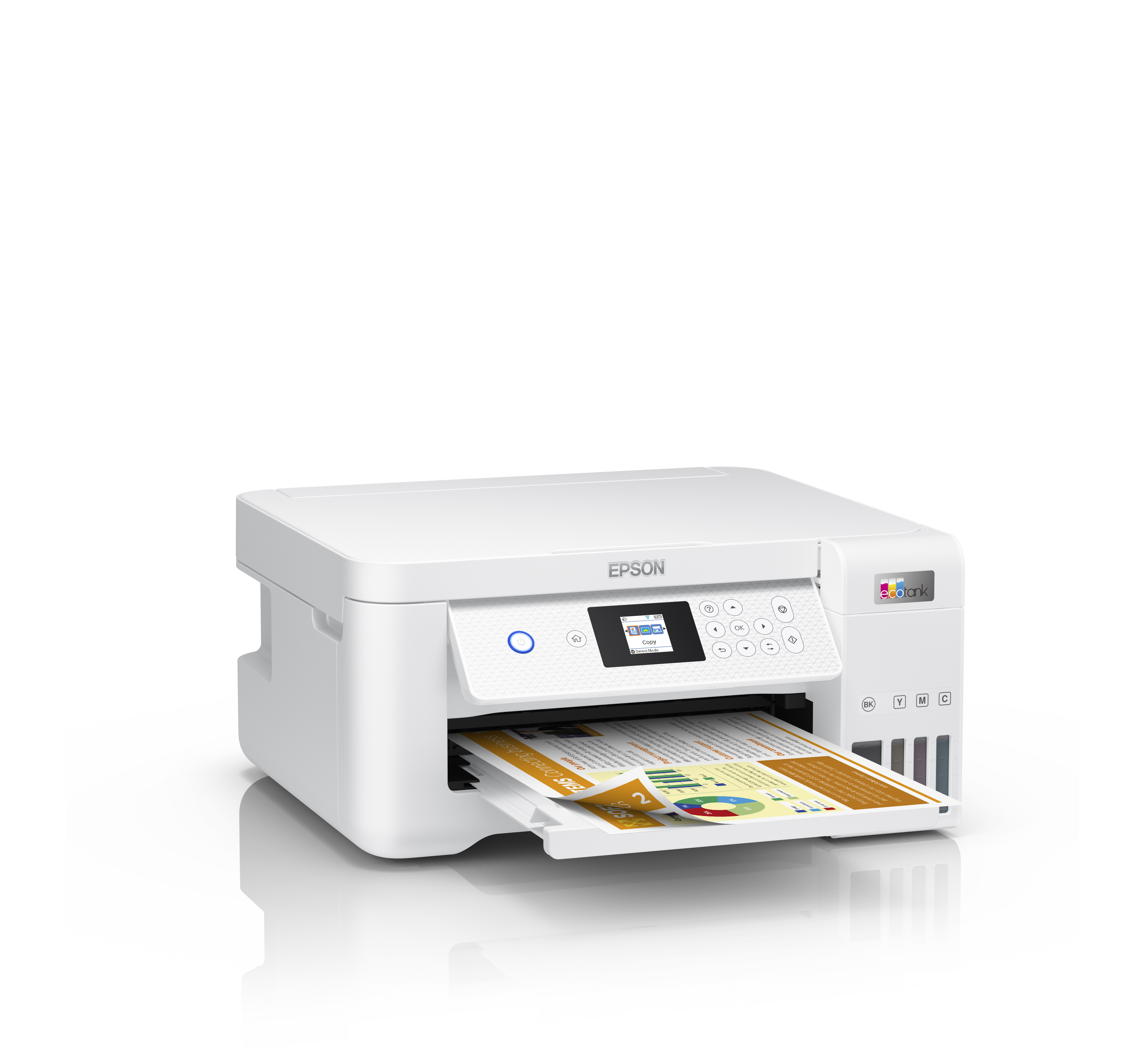 Egy fehér Epson nyomtató látható. Egy grafikonokkal teli papír jön ki. A háttér fehér.