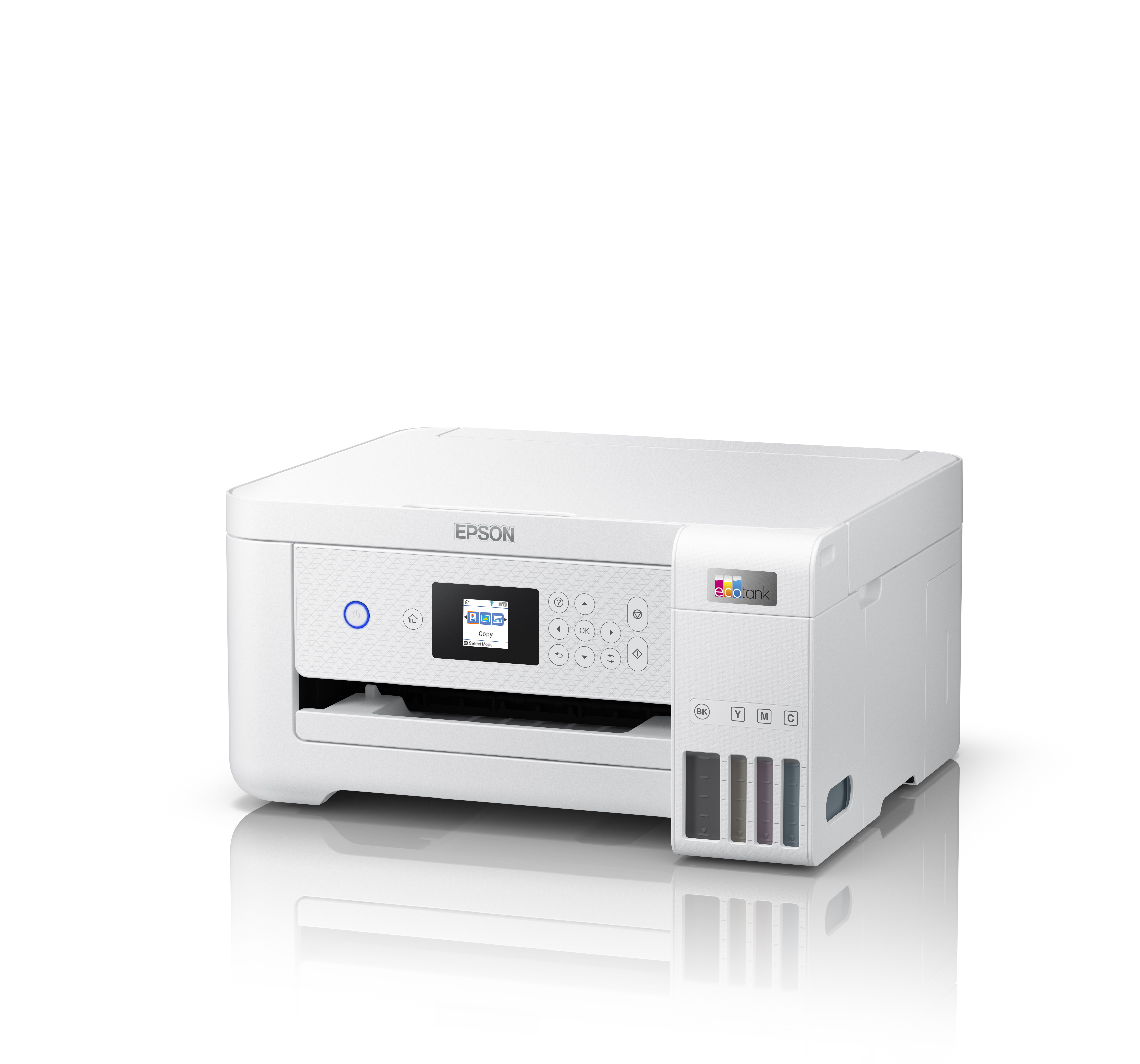 Egy fehér Epson EcoTank nyomtató fehér felületen. Képernyője, gombjai és tintatartályai vannak.