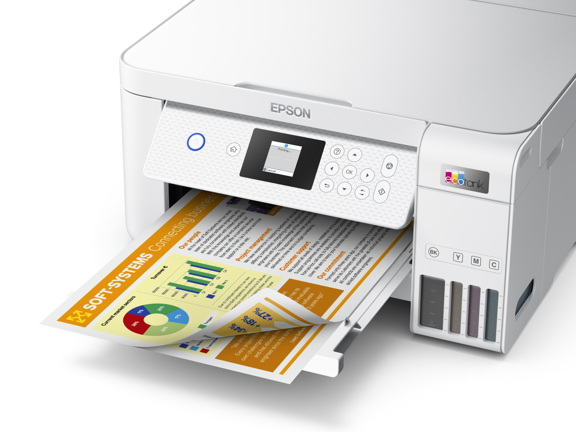 Egy fehér Epson nyomtató grafikonokkal és szöveggel ellátott dokumentumokat nyomtat. A nyomtatón van egy kis képernyő és színes tintatartályok.