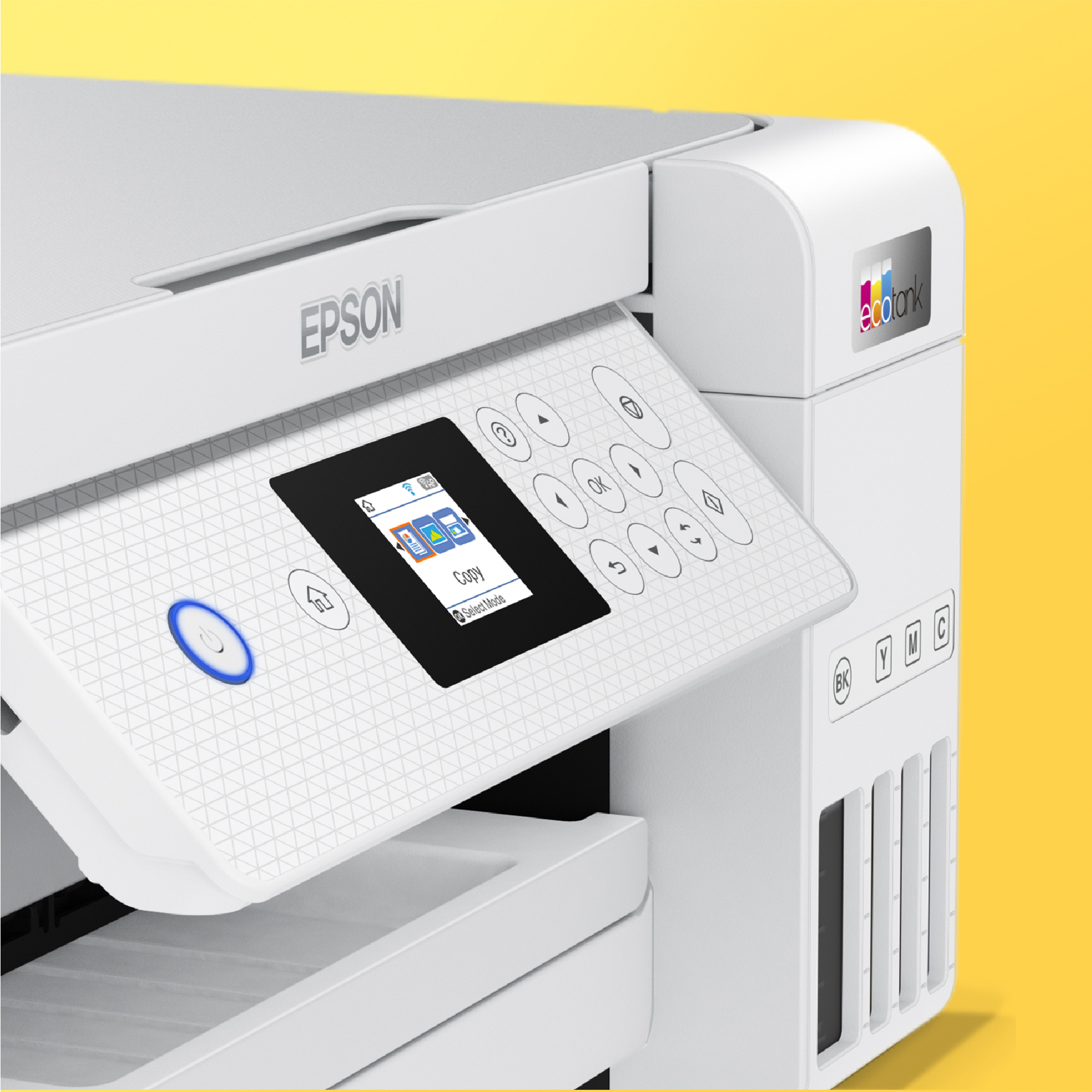 Egy fehér Epson nyomtató, másolási opciókat mutató vezérlőpanellel. Gombok és egy e-tank logó látható sárga háttér előtt.
